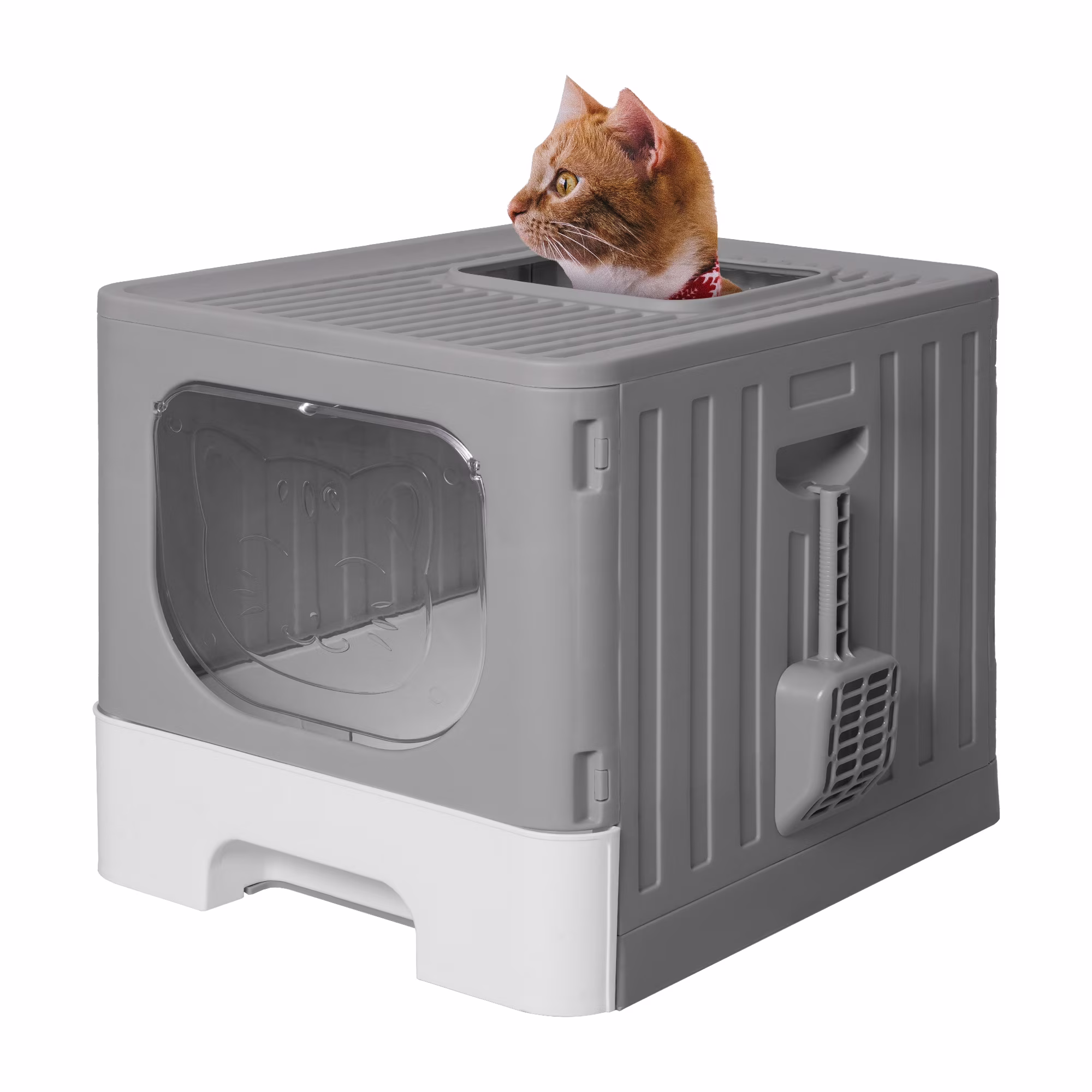 Large Cat Litter Box with Lid, High-Sided Top Front Entry Cat Litter Pan with Scoop for Indoor Big Cats, Hooded Enclosed Cat Box Anti-Splashing, with Easy-Clean Drawer, Grey&White