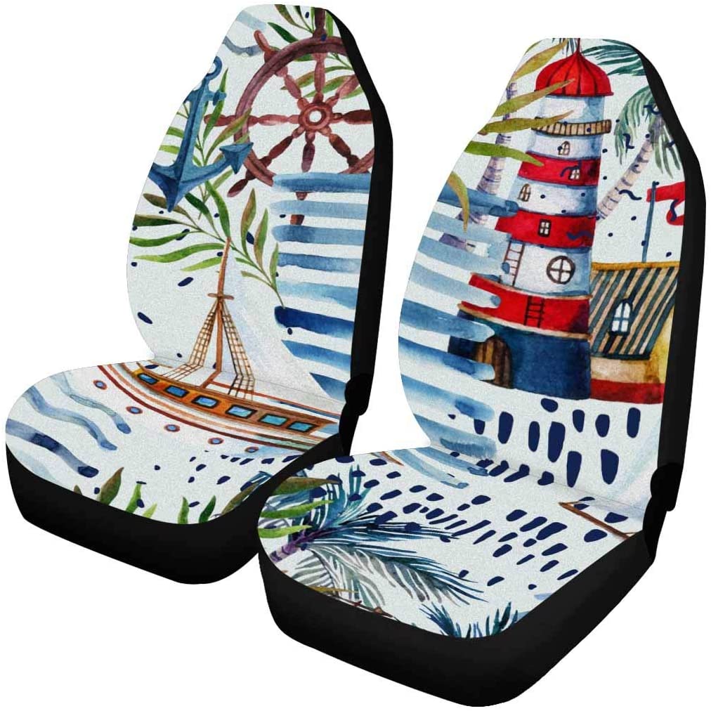 KXMDXA Set of 2 Car Seat Covers Watercolor Sailboat Lighthouse Palm Tree Leaves Grunge Textures Doodles Brush Strokes Universal Auto Front Seats Protector Fits for Car,SUV Sedan,Truck