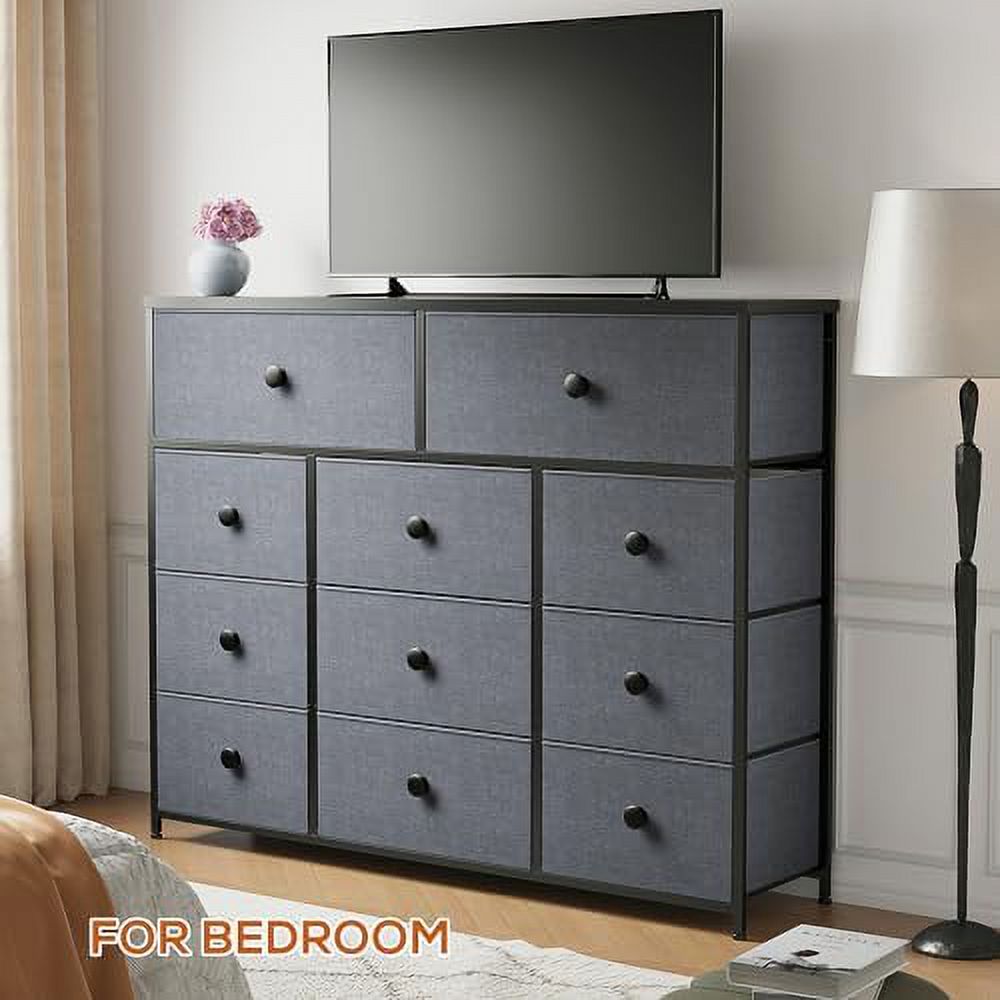 TV Stand for 55" TV with 11 Drawers  Entertainment Center with Fabric Drawers  Media Console Table with Metal Frame and Wood Top  Long Dresser for Bedroom Dressers & Chests of Dra