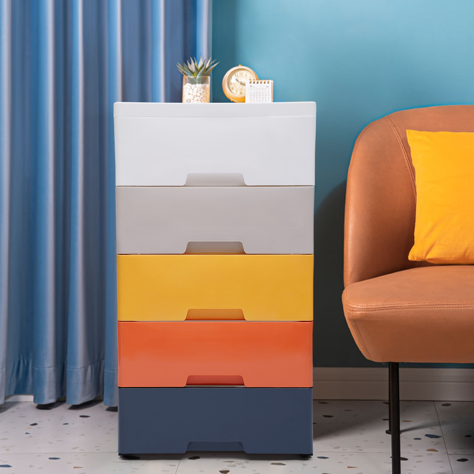 Freestanding 5 Drawers Dresser Modern Vertical Stackable Chest Closet Organizer Underclothes Toys Storage Tower Plastic Storage Cabinet White/Gradient Blue/Multi-Color