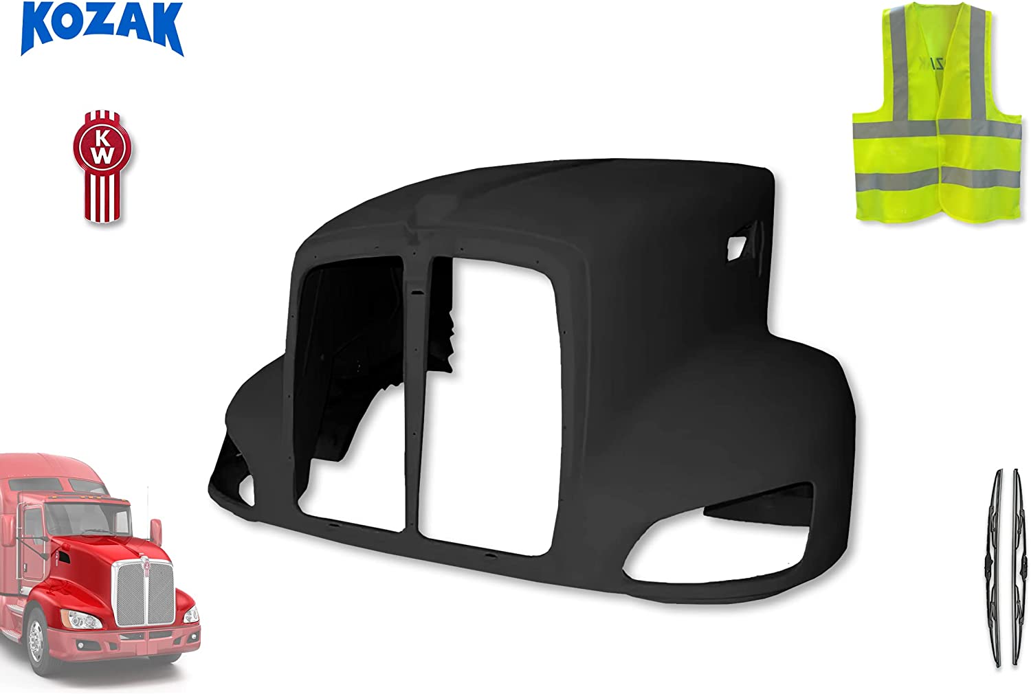 KOZAK Aftermarket Fiberglass Ready for Painting Custom Hood Compatible With Kenworth T660 - Freightliner Truck Replacement Parts PLUS Freightliner Logo, 2x 22