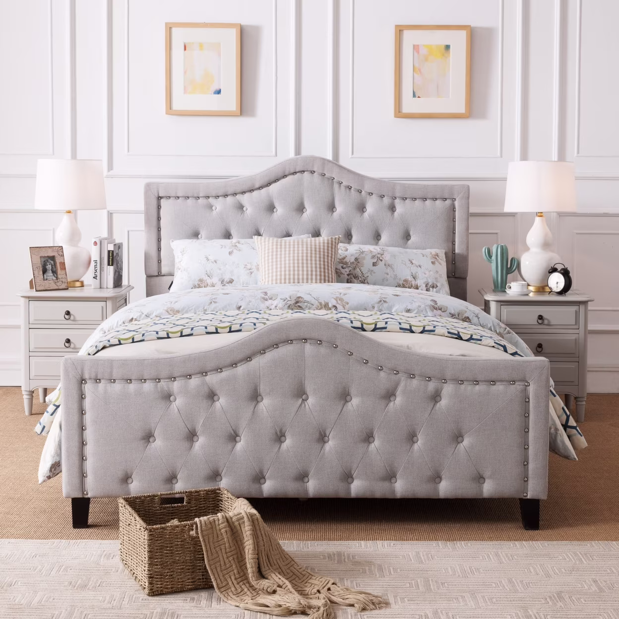Livi Fabric Fully Upholstered Queen Bed Set, Light Grey