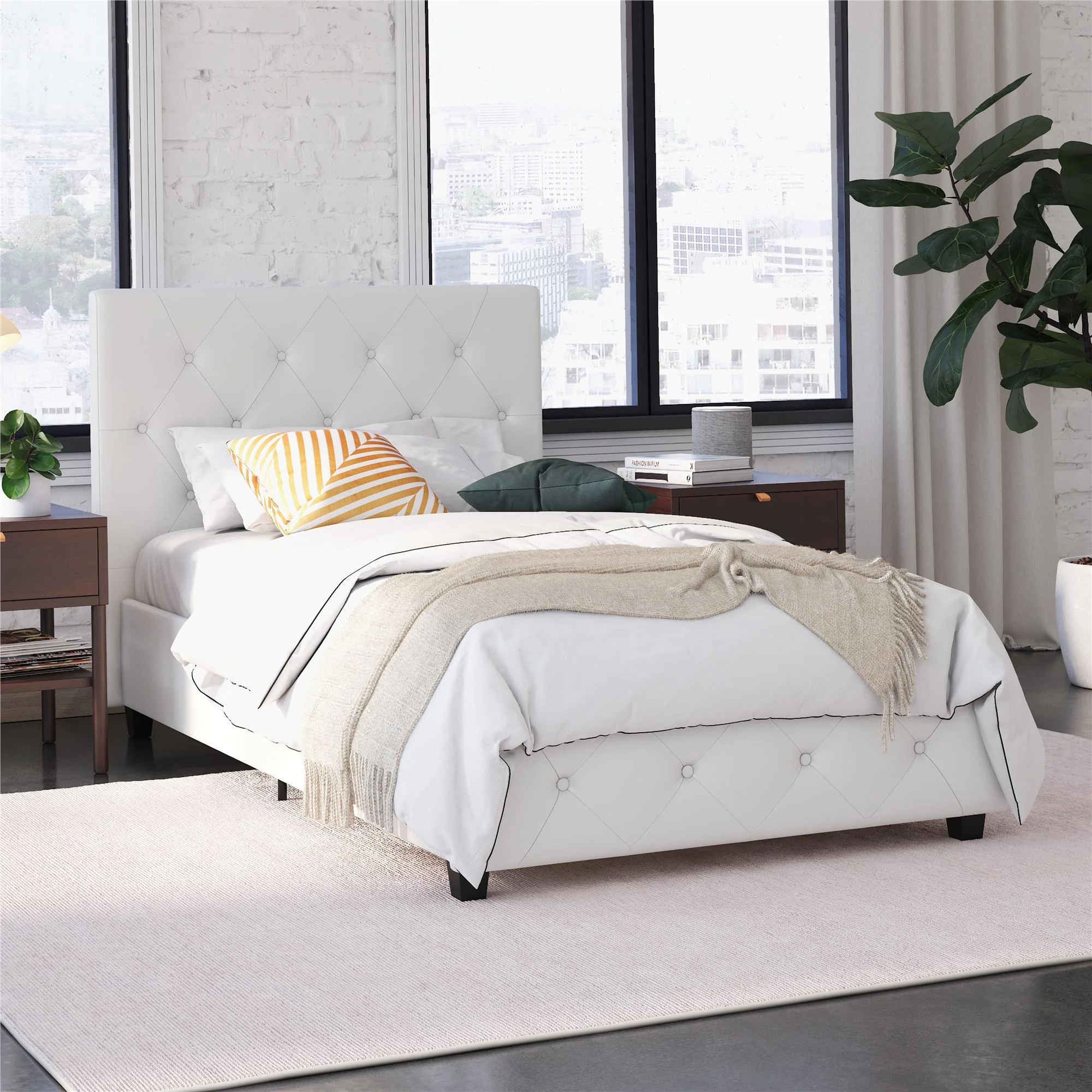 DHP Dakota Upholstered Bed with Signature Sleep Tranquil 8-Inch Pocket Spring Mattress, Twin, White