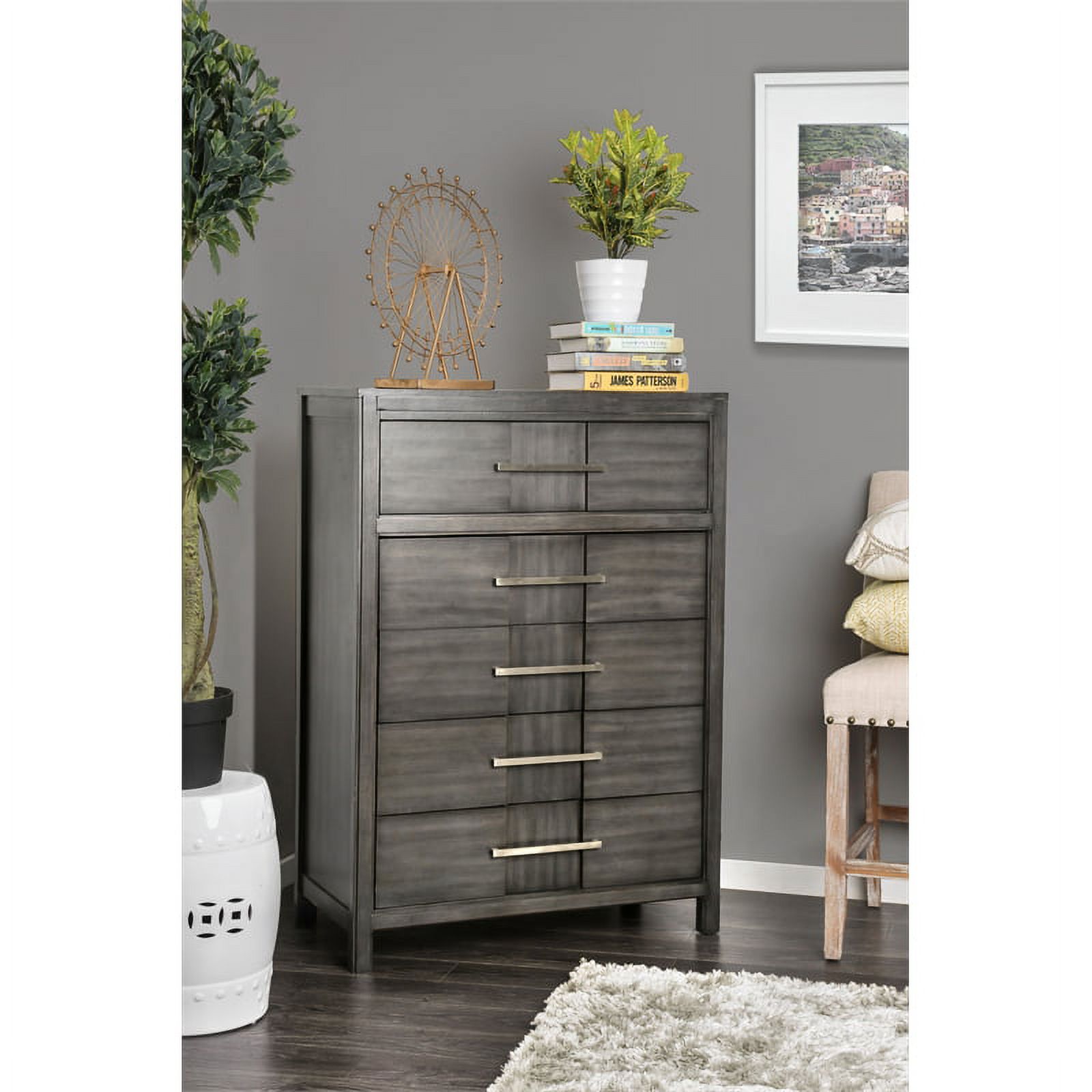Furniture of America Vela Transitional Solid Wood 5-Drawer Chest in Gray
