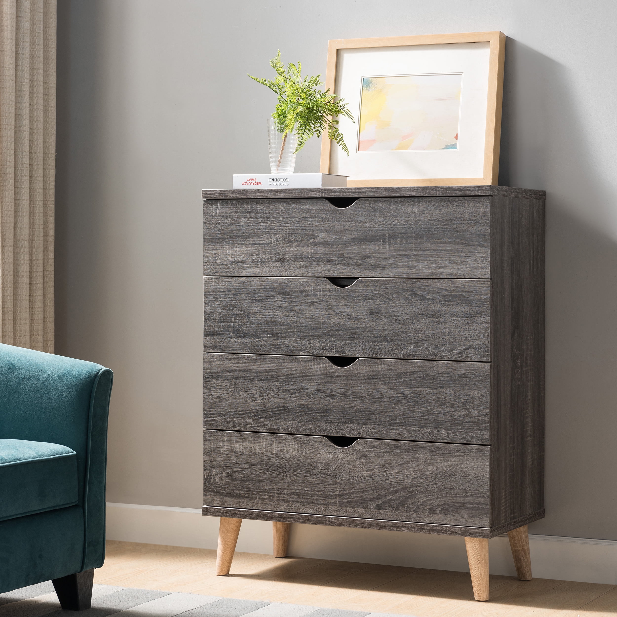 24/7 Shop At Home Orden Wood 4-Drawer Chest for Bedroom, Dark Gray