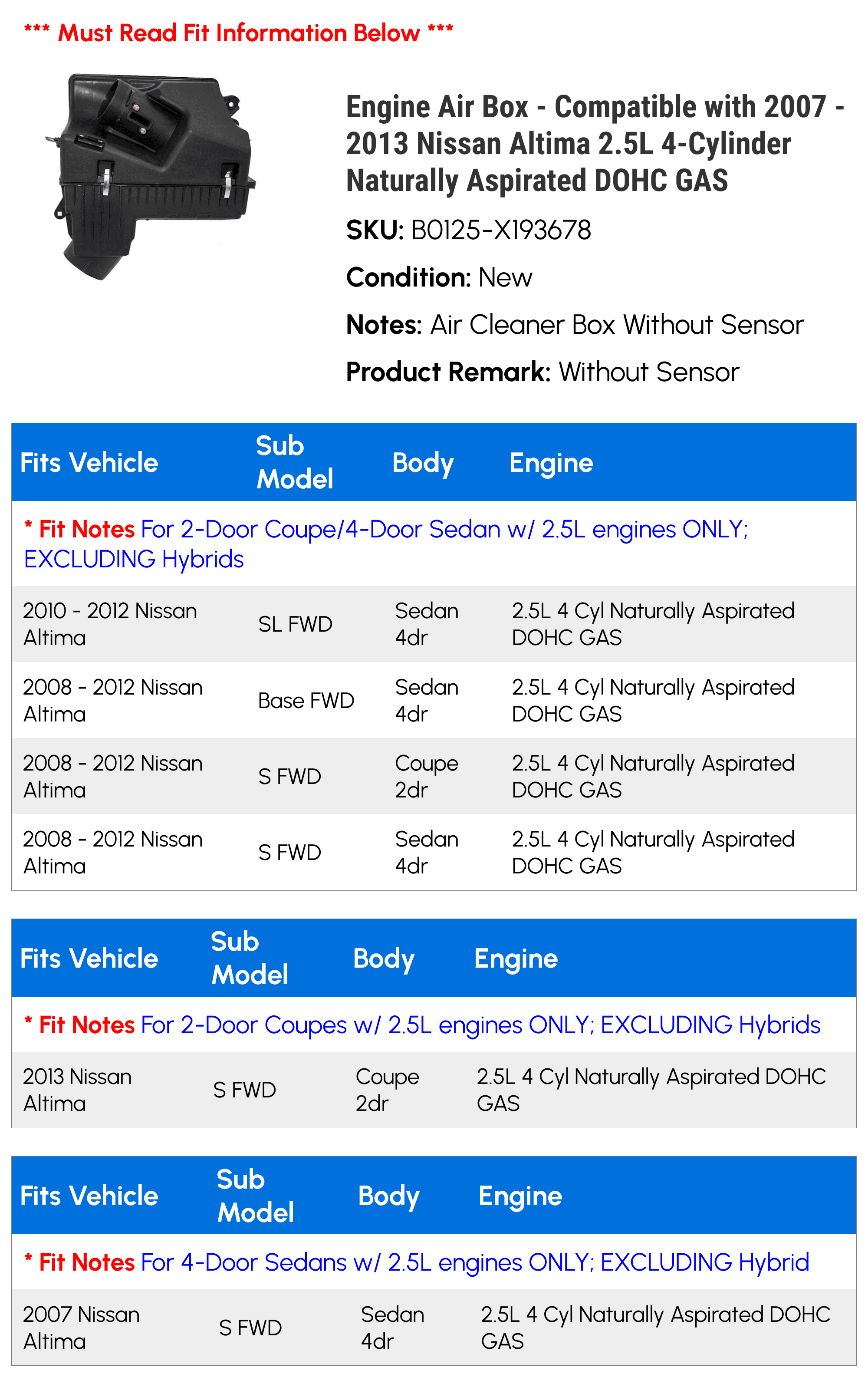 Engine Air Box - Compatible with 2007 - 2013 Nissan Altima 2.5L 4-Cylinder Naturally Aspirated DOHC GAS 2008 2009 2010 2011 2012