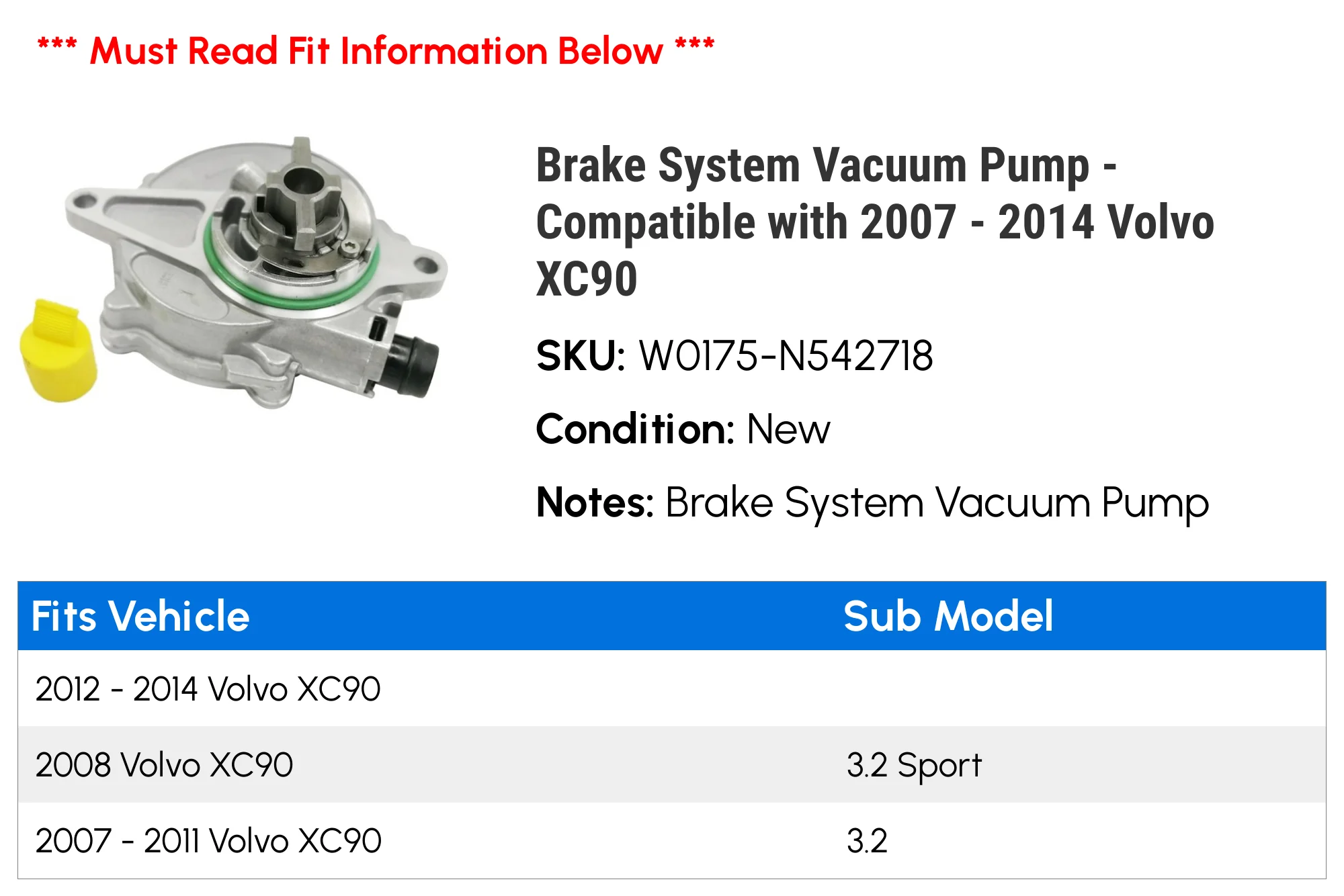 Brake System Vacuum Pump - Compatible with 2007 - 2014 Volvo XC90 2008 2009 2010 2011 2012 2013