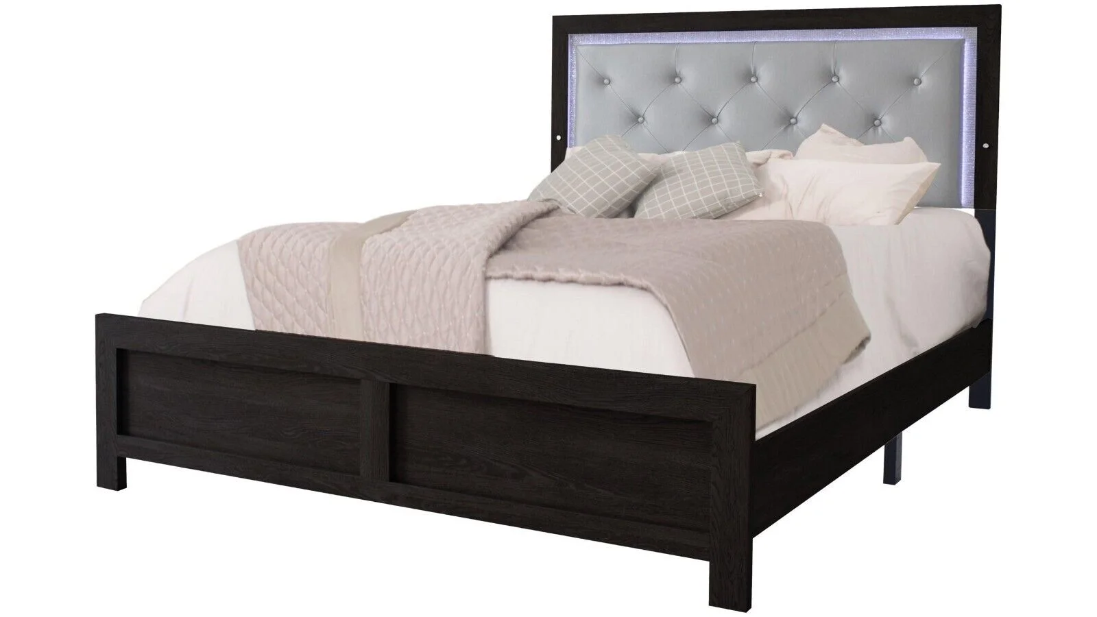 Modern 3pc Queen Size PU Upholstered LED Headboard Bed and Storage Nightstands Set Wooden Bedroom Furniture Black Finish