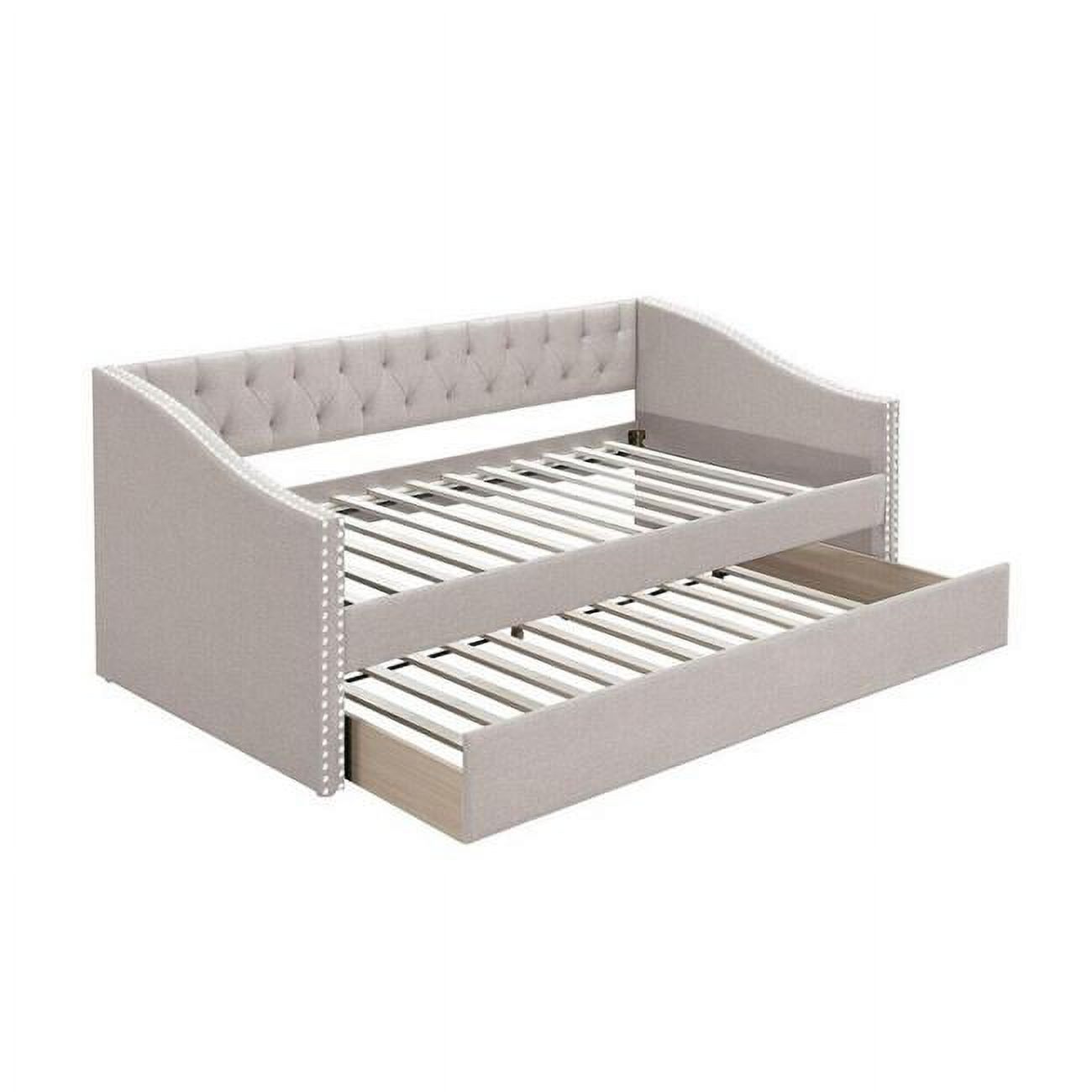 Straight Tufted Back Anne Modern Wood Day Bed with Trundle, Taupe Burlap