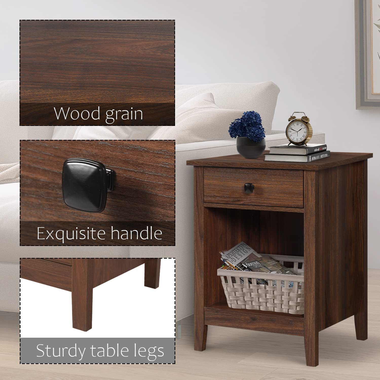 Dresser and Nightstand Sets - 3 Pieces Bedroom Set with 7 Drawer Dresser and 1 Drawer Nightstands, Wood Double Dresser, Brown Wood Grain