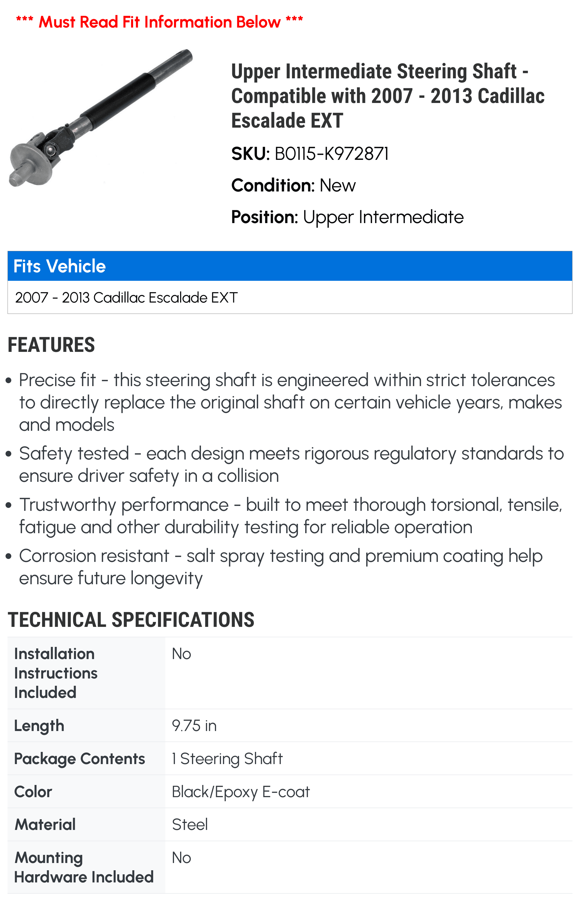 Upper Intermediate Steering Shaft - Compatible with 2007 - 2013 Cadillac Escalade EXT 2008 2009 2010 2011 2012