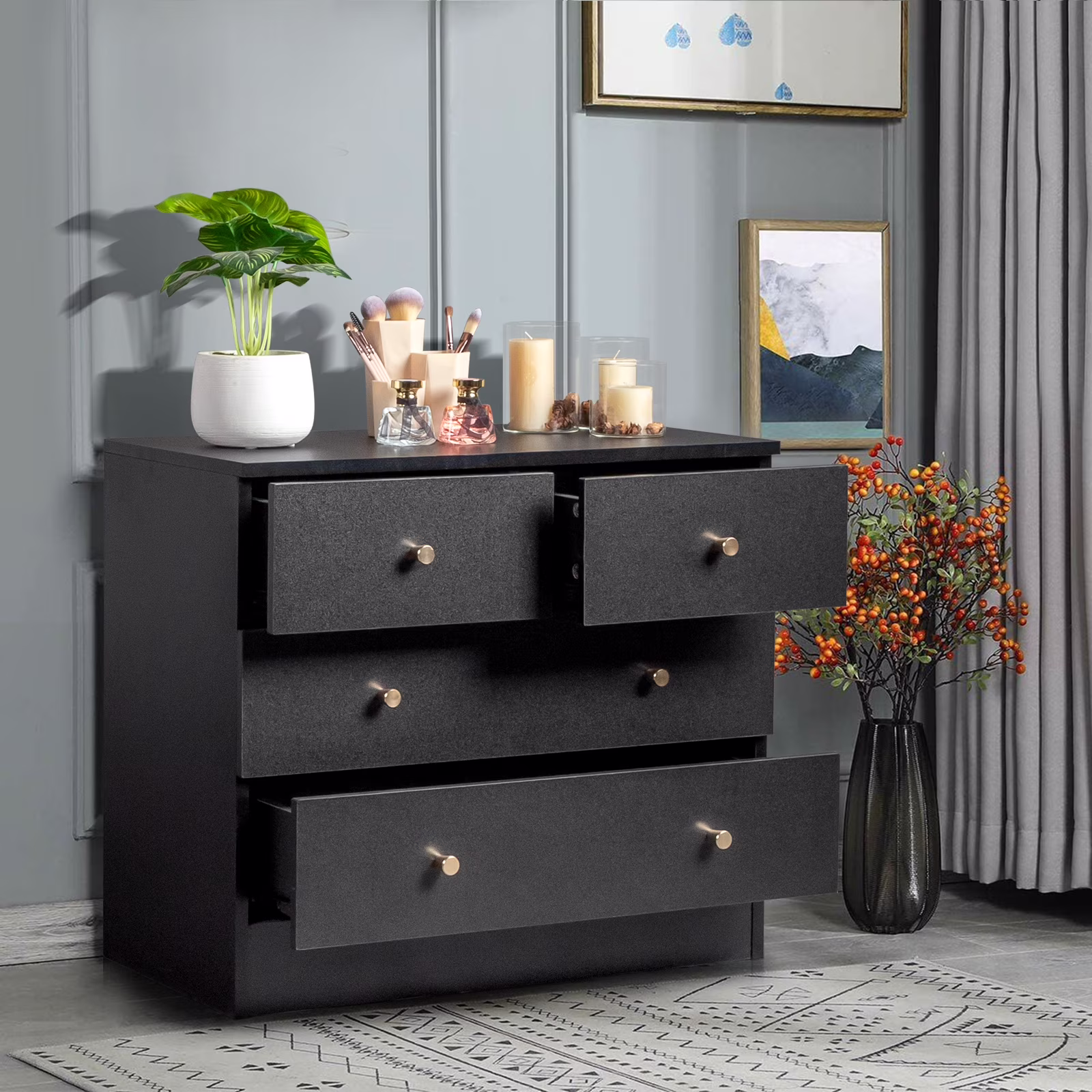 Algherohein Wood Small Dressers with 4 Drawer for Bedroom,Modern Drawers Storage Cabinet,Adult,Black