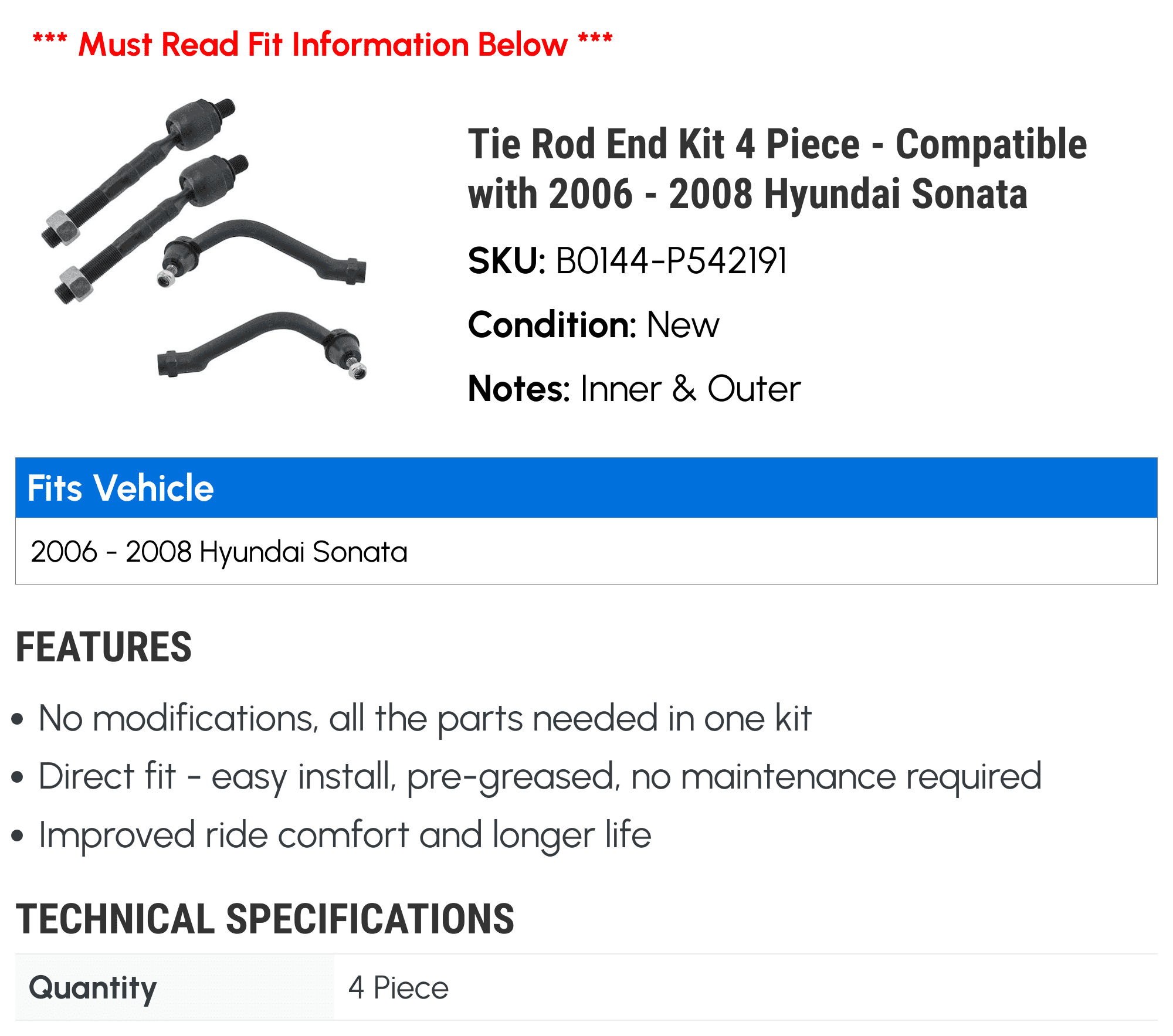 Tie Rod End Kit 4 Piece - Compatible with 2006 - 2008 Hyundai Sonata 2007