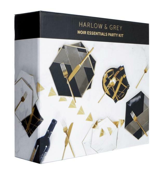 Harlow & Grey Noir Essentials Party Kit - Black & Gold Tableware - Serves 16