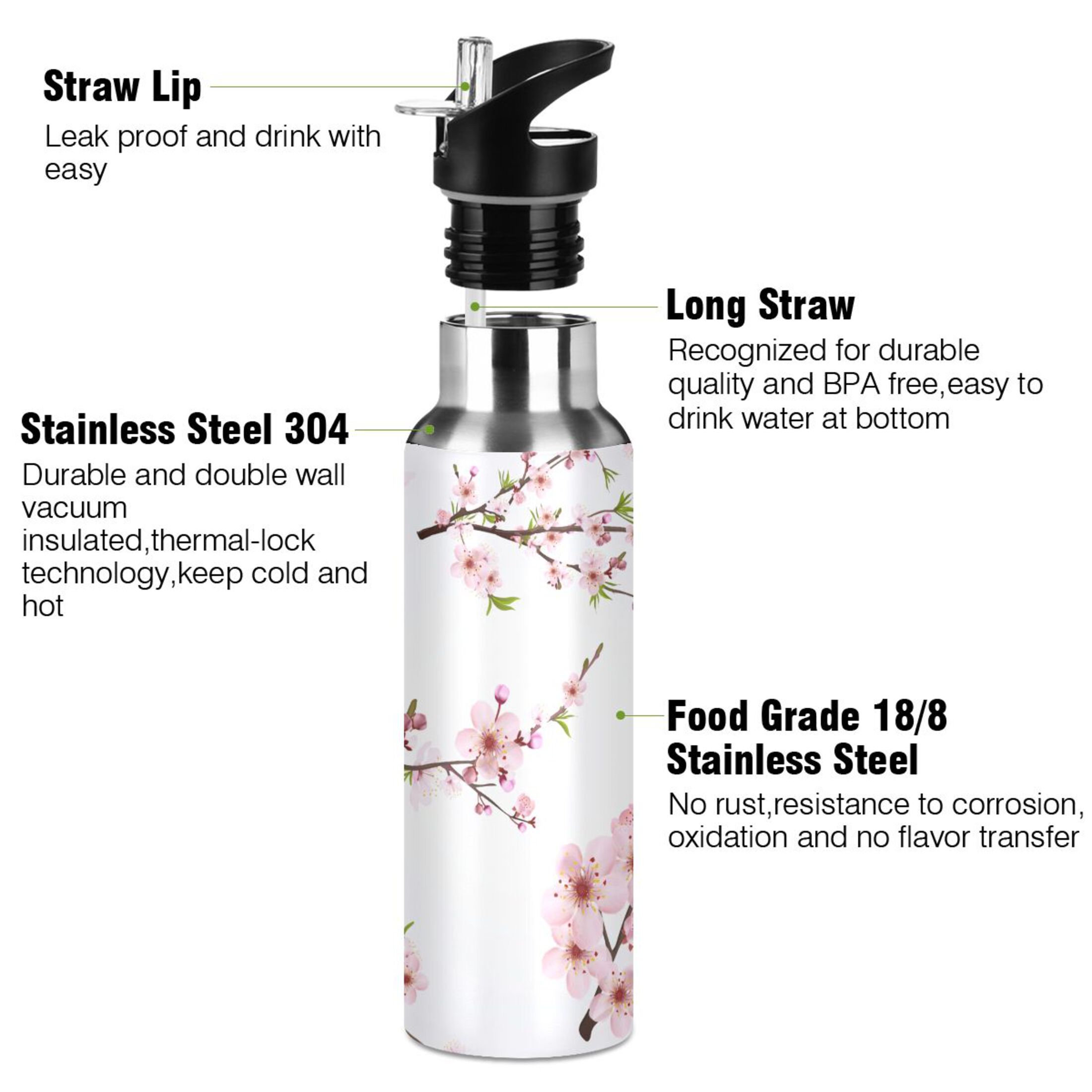 Water Bottle with Straw Lid Leak Blooming Cherry Floral Pink Flower Stainless Steel Insulated Thermos Vacuum Flask for Cold Hot Drinking for Sports Camping Gym Yoga