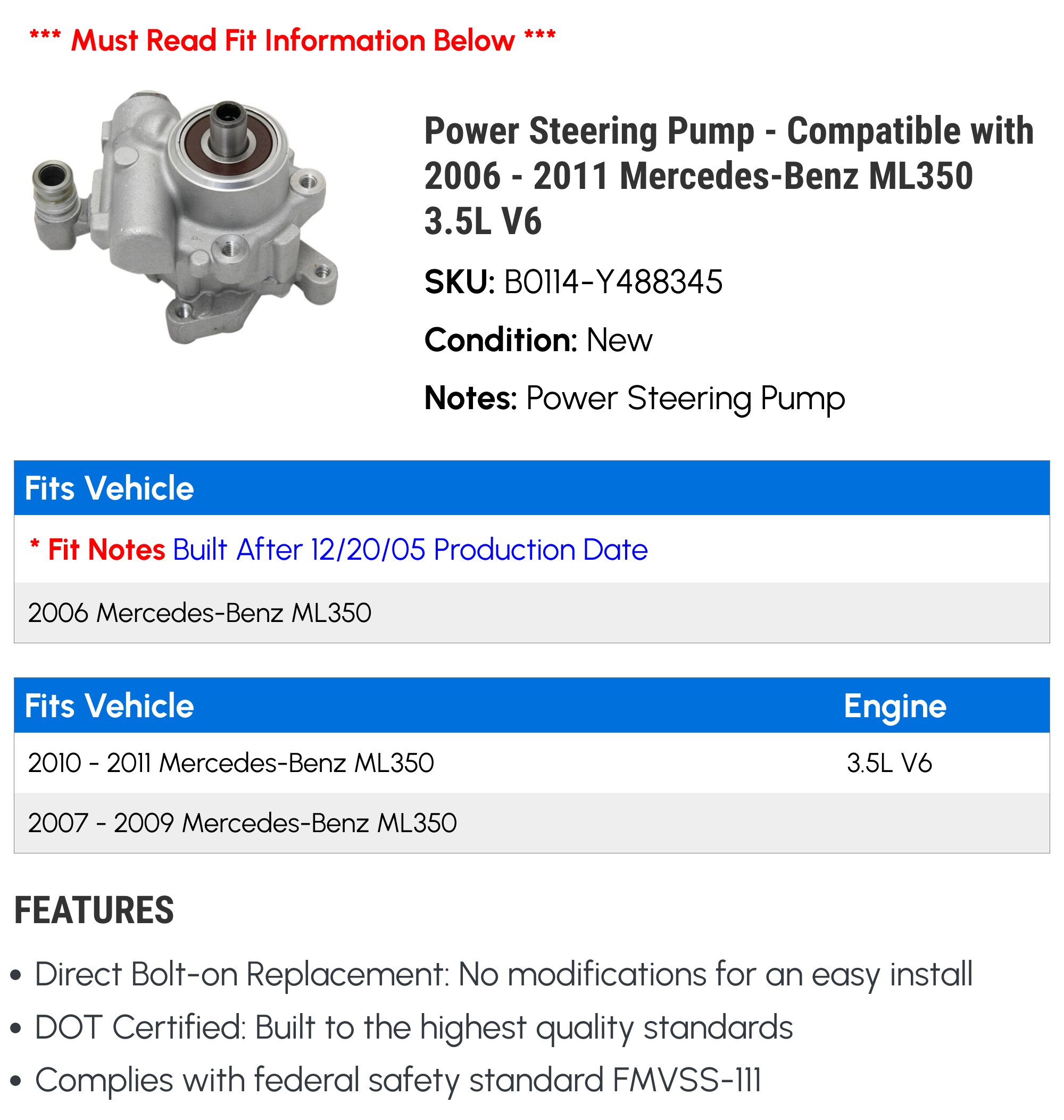 Power Steering Pump - Compatible with 2006 - 2011 Mercedes-Benz ML350 3.5L V6 2007 2008 2009 2010