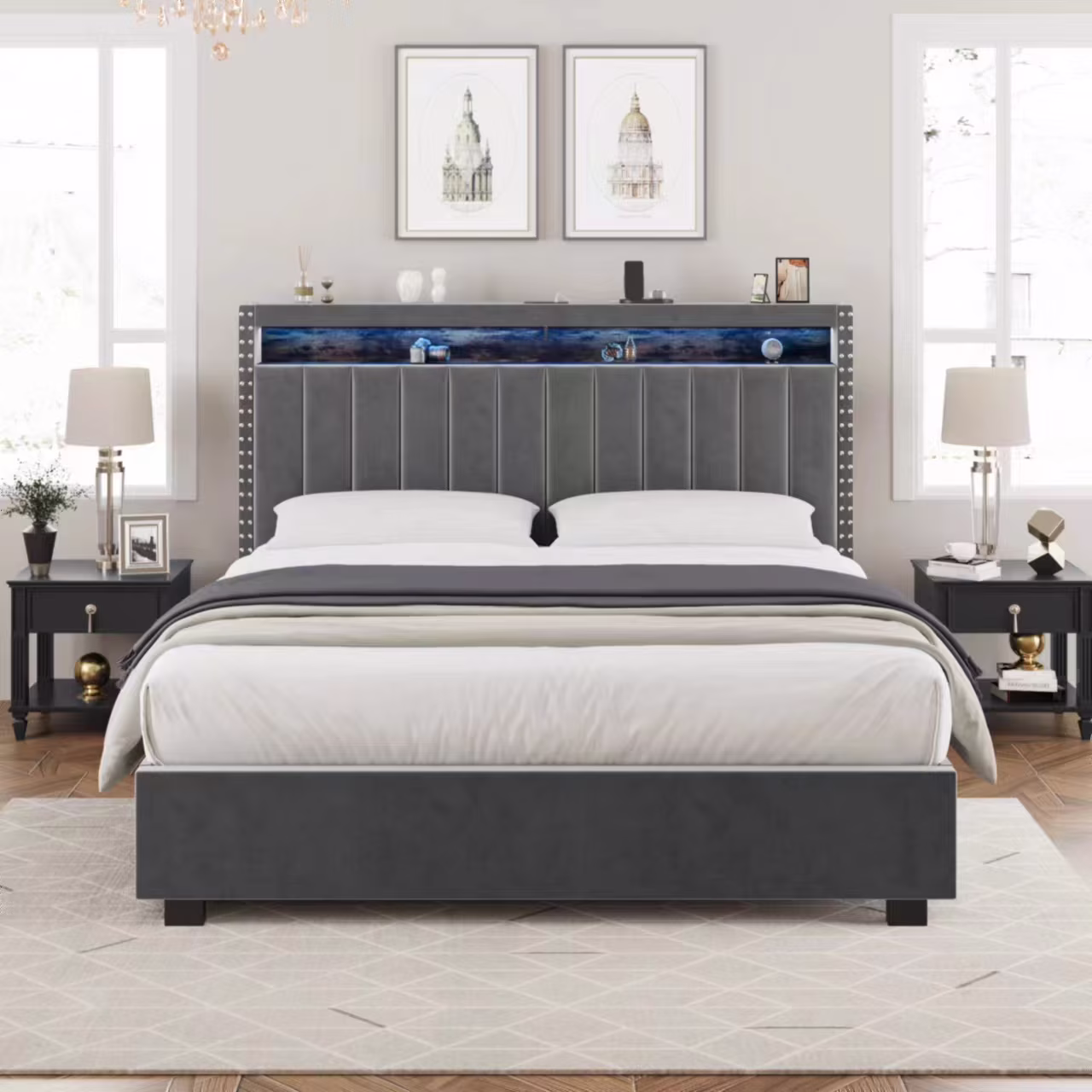 CoSoTower Luxury Gas Lift Storage Bed with Rf LED Lights, Storage Headboard ,King Size ,Velvet Grey