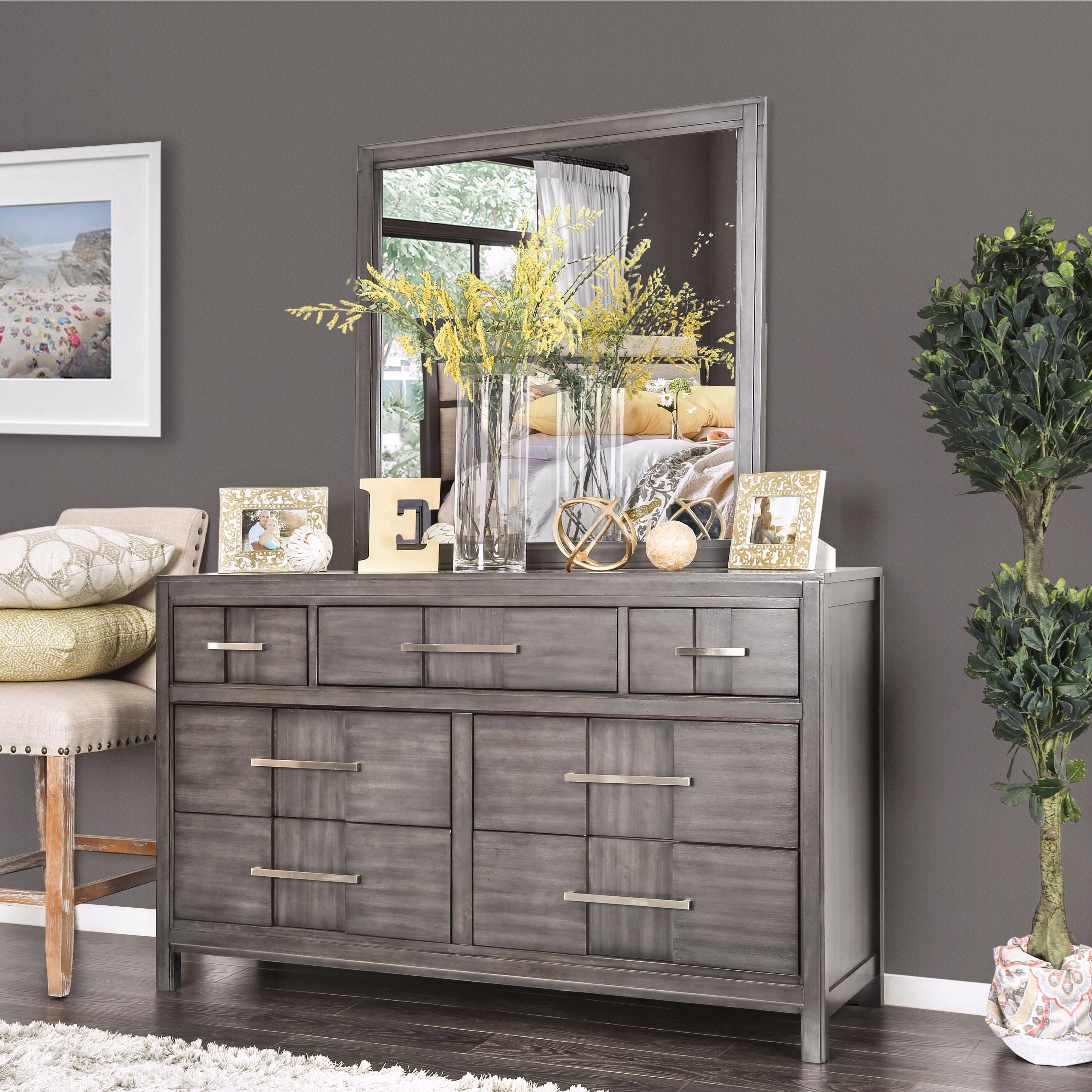 Furniture of America Tass Contemporary Wood 7-Drawer 2-piece Dresser and Mirror Set by  Grey Weathered Light Wood