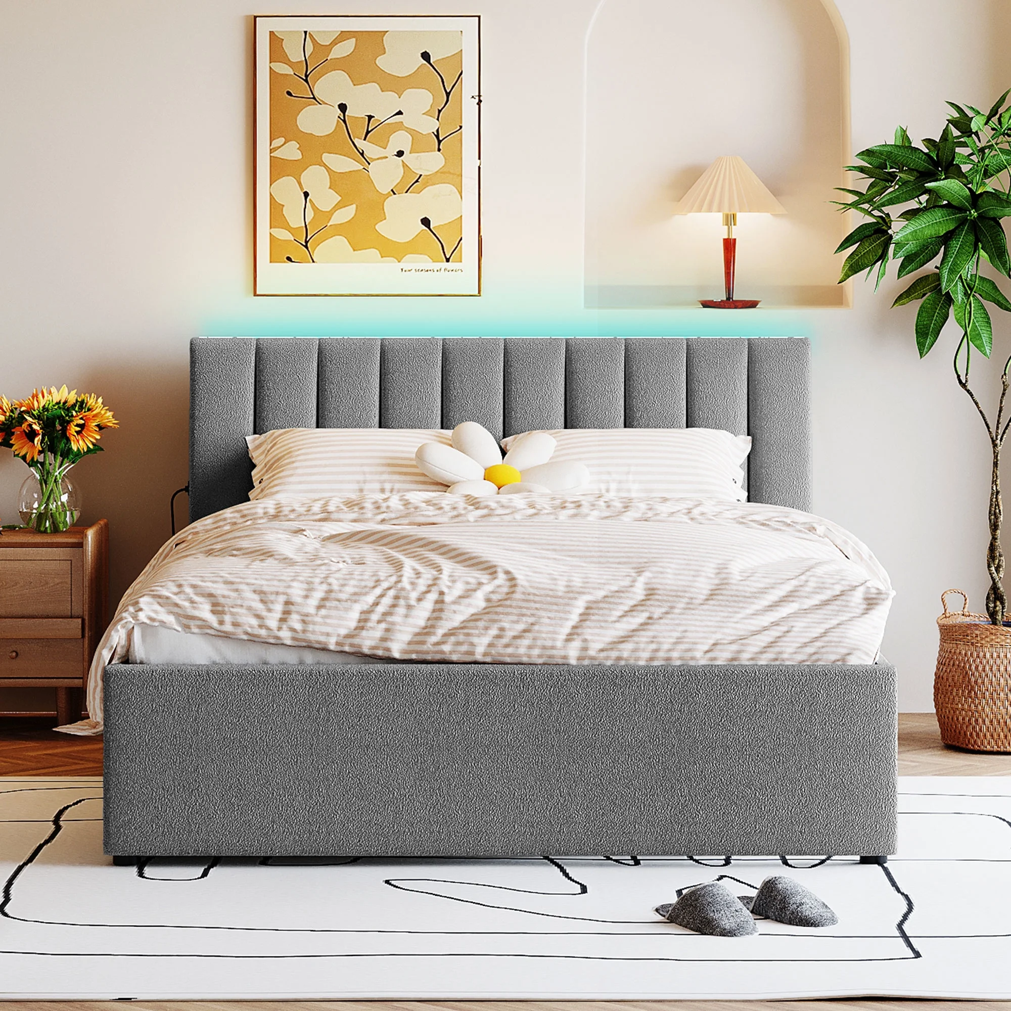 CoSoTower Teddy Fleece Queen Size Upholstered Platform Bed with Trundle, Gray