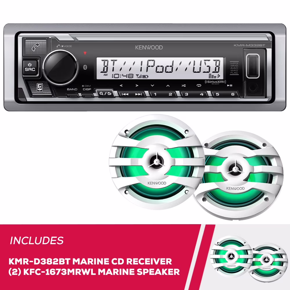 New Kenwood KMR-D382BT Marine CD Receiver & 2-Pack KFC-1673MRWL 6.5