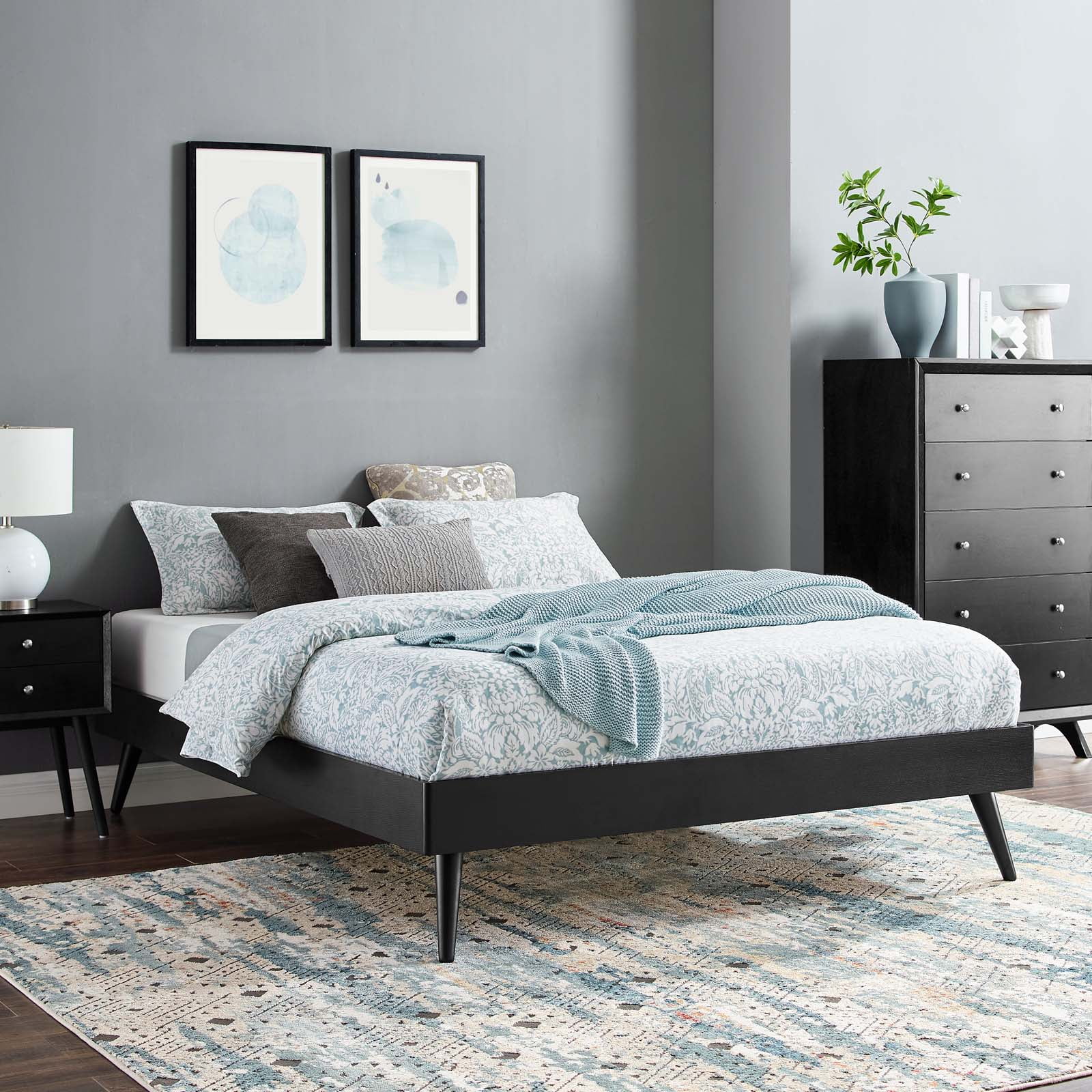 Platform Bed Frame, Queen Size, Wood, Black, Modern Contemporary Urban Design, Bedroom Master Guest Suite