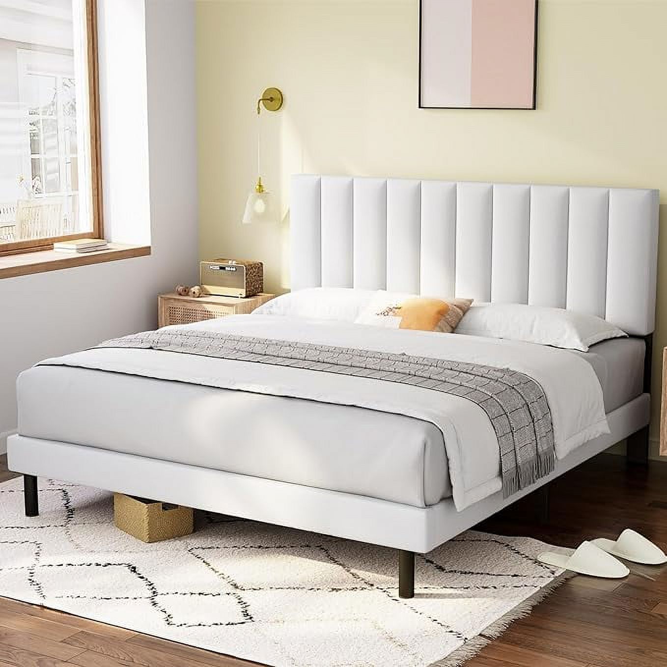 Molblly King Size Bed Frame Upholstered Platform with Headboard and Strong Wooden Slats,Mattress Foundation,Non-Slip and Noise-Free,No Box Spring Needed, Easy Assembly,White