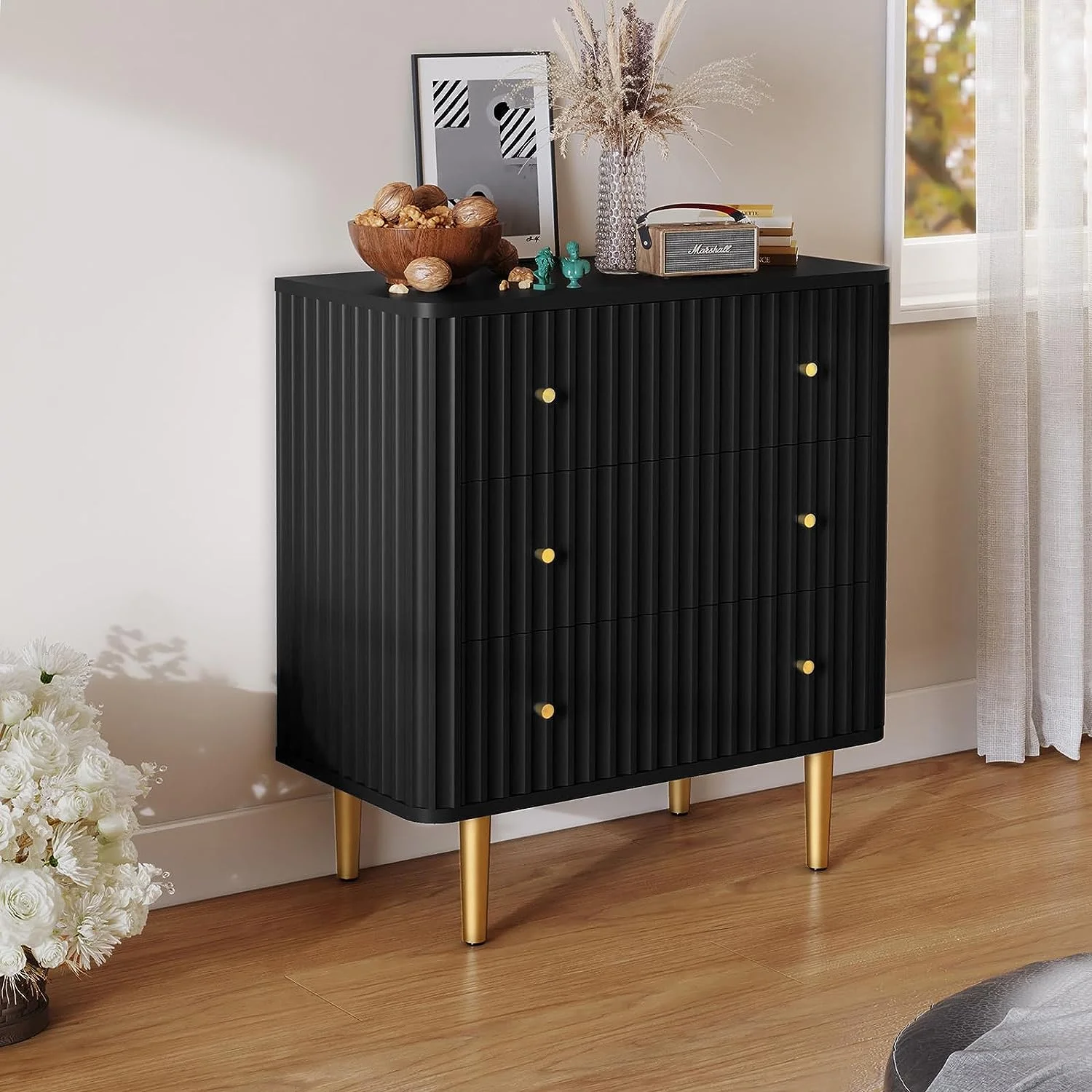 HLR 3 Drawer Dresser for Bedroom, Black Dressers & Chests of Drawers, Black and Gold Dresser