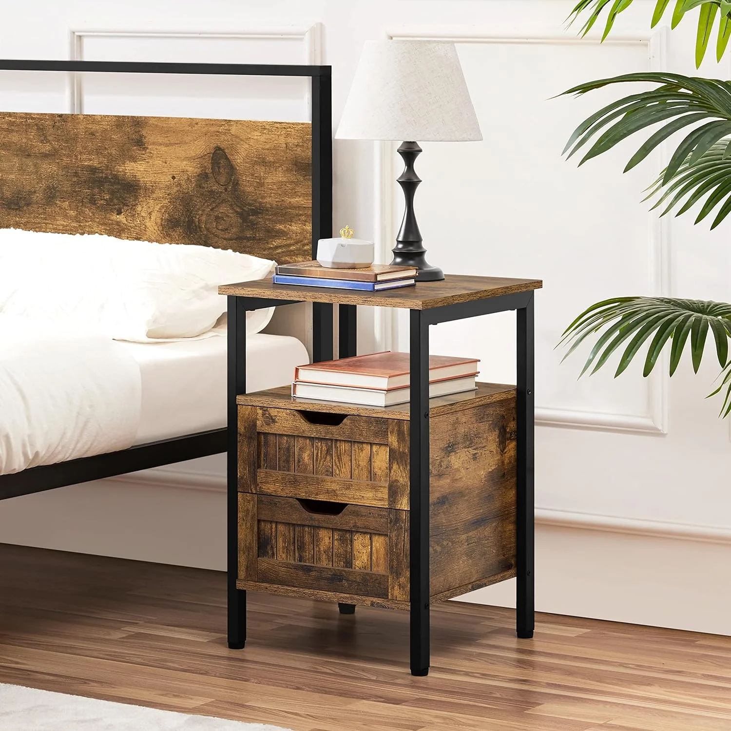 Nightstand With 2 Drawers, Accent Bedside Table With Open Storage Shelf, Wooden Bedside Cabinet Chairside Table End Table With Steel Frame For Living Room/Bedroom, Rustic Brown