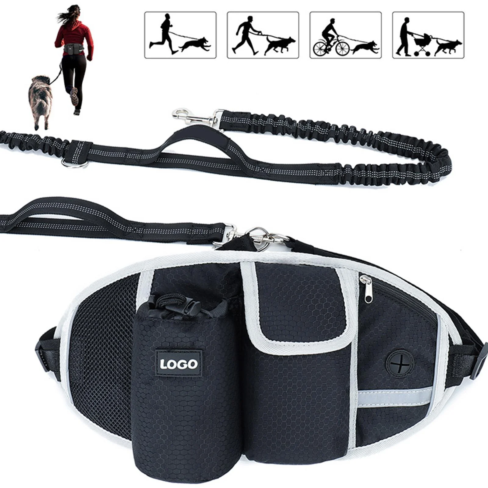 Hands Leash with Multi Pouches, Strong Shock Absorbing Dog Leash with Reflective Stitches, Dog Waist Belt Leash for Running Walking , Black