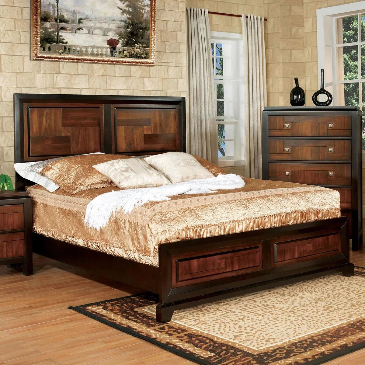 Acacia & Walnut Solid Wood King Bedroom Set 6pcs FOA CM7152-EK Patra