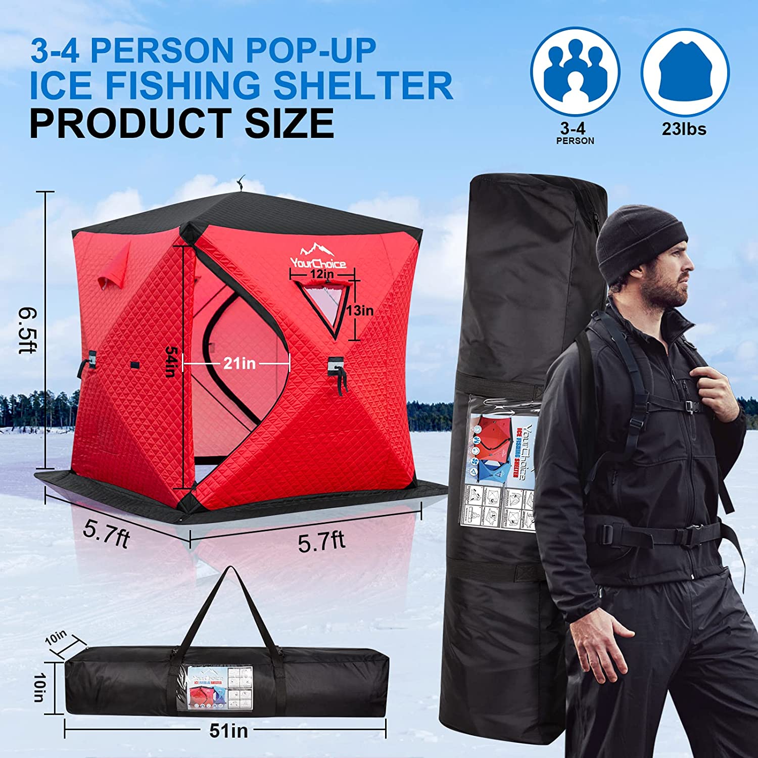 YGDU 3-4 Person Ice Fishing Shelter, Fully Insulated Ice Fishing Shelter, with Insulated Layer to and Ice Fishing Tent, Function Upgrades Ice Fishing Gear and Equipment