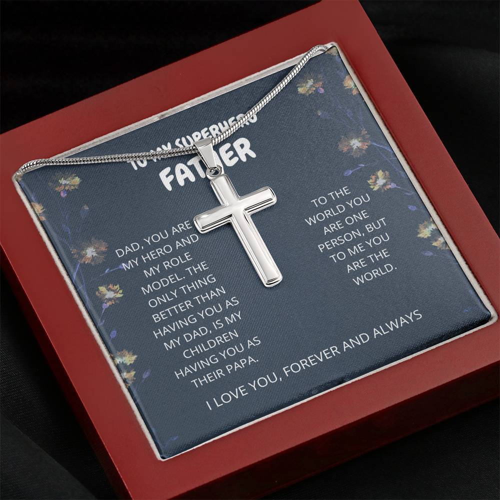Father - My Hero - Artisan Cross Necklace, Dad, Father's Day, Birthday Gift