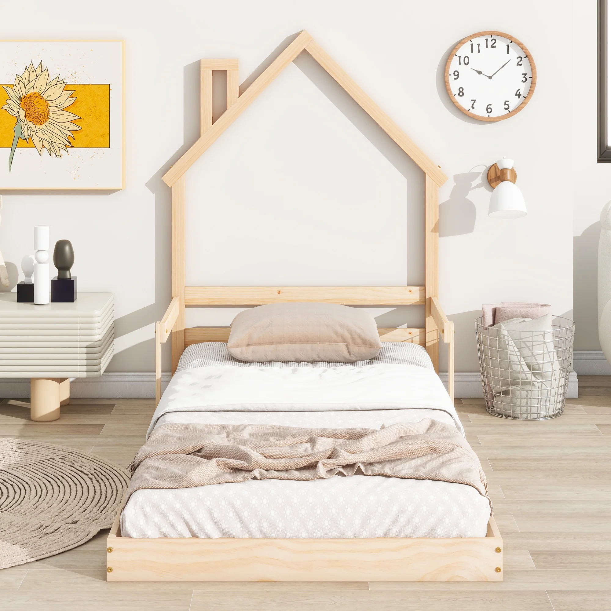 Bellemave Twin Size Floor Bed with House-shaped Headboard and Handrails Twin Wood Bed Frame with Wooden Slats Montessori House Bed Low Floor Bed for Kids,Toddlers,Boys,Girls (Twin,Natural)