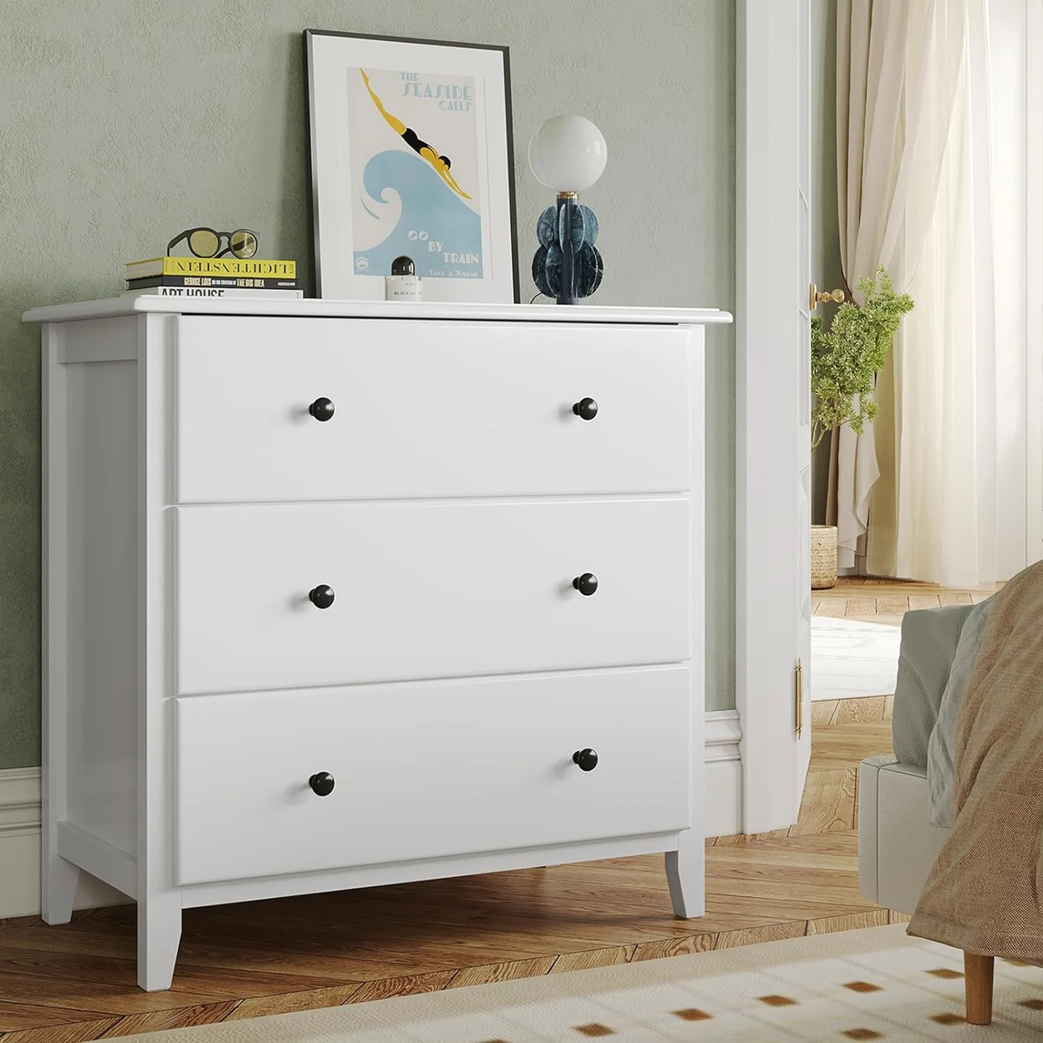 Afuhokles White Dresser for Bedroom, 3 Drawers Solid Wood Dresser, Modern Dresser with Wide Storage Space