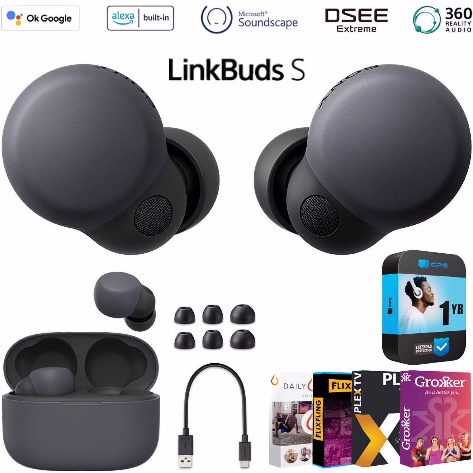 Sony WFLS900N/B LinkBuds S Truly Wireless Noise Canceling Earbuds - Black Bundle with Tech Smart USA Audio Entertainment Essentials Bundle + 1 Year Protection Pack