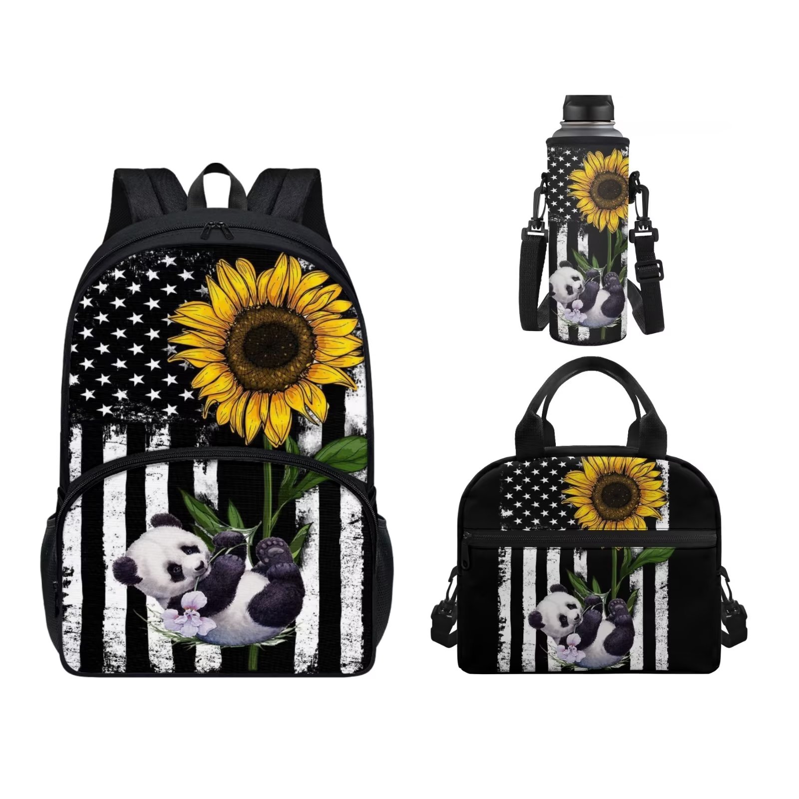 Suhoaziia Sunflower Panda Backpack 3-Piece for School Youth Girls,Thermal Meal Holder and Bottle Holder Sleeve Dailypack Set,Breathable Amercian Flag School Bag,4 of July