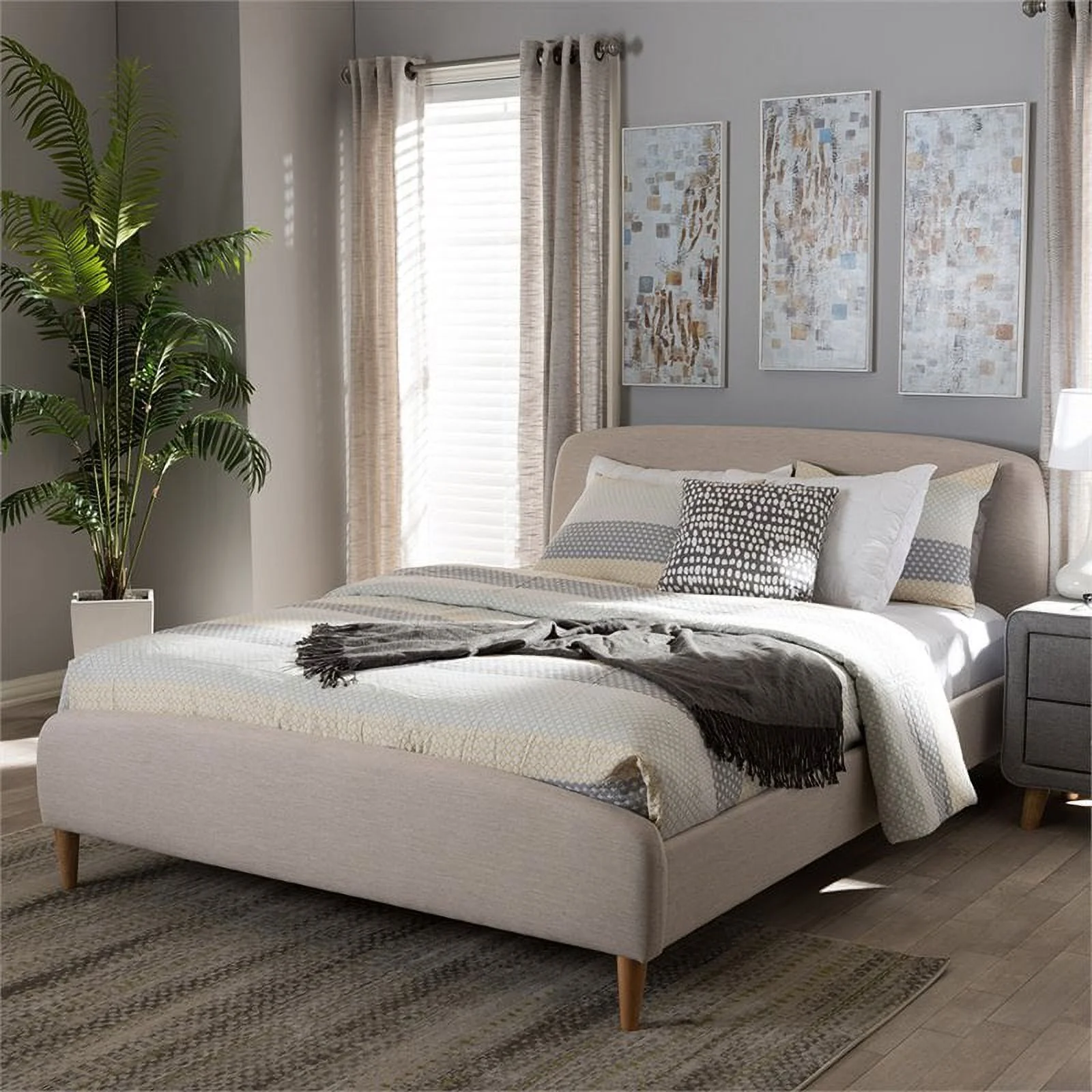 Bowery Hill Mid-Century Upholstered King Platform Bed in Light Beige