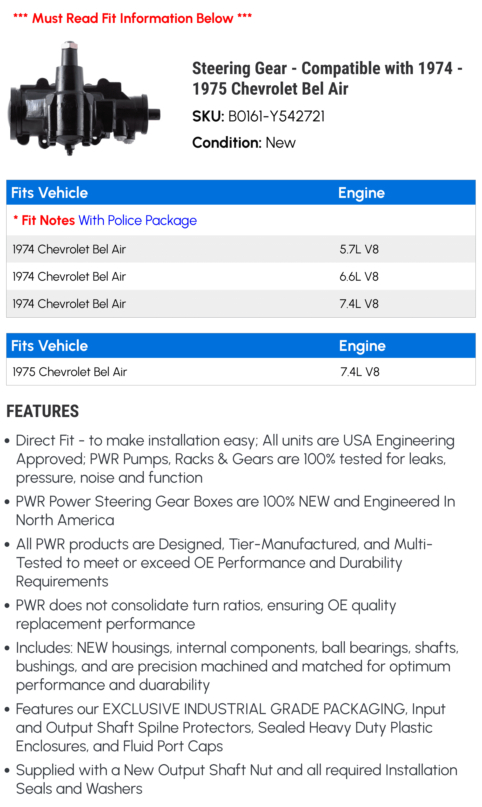 Steering Gear - Compatible with 1974 - 1975 Chevy Bel Air