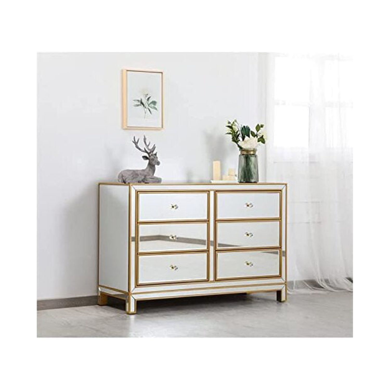 Elegant Decor Reflexion 6-Drawer Solid Wood and MDF Dresser in Gold
