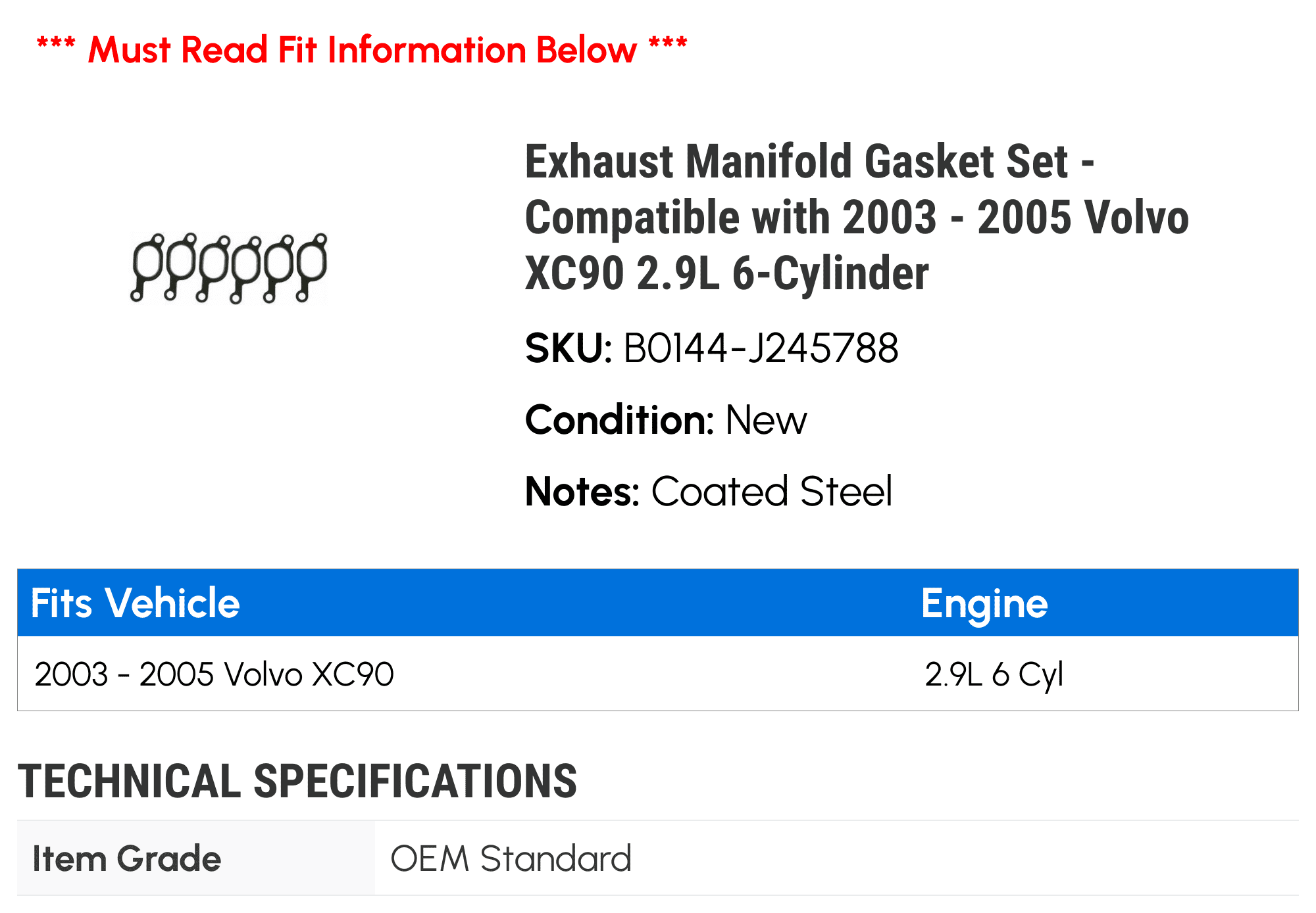 Exhaust Manifold Gasket Set - Compatible with 2003 - 2005 Volvo XC90 2.9L 6-Cylinder 2004