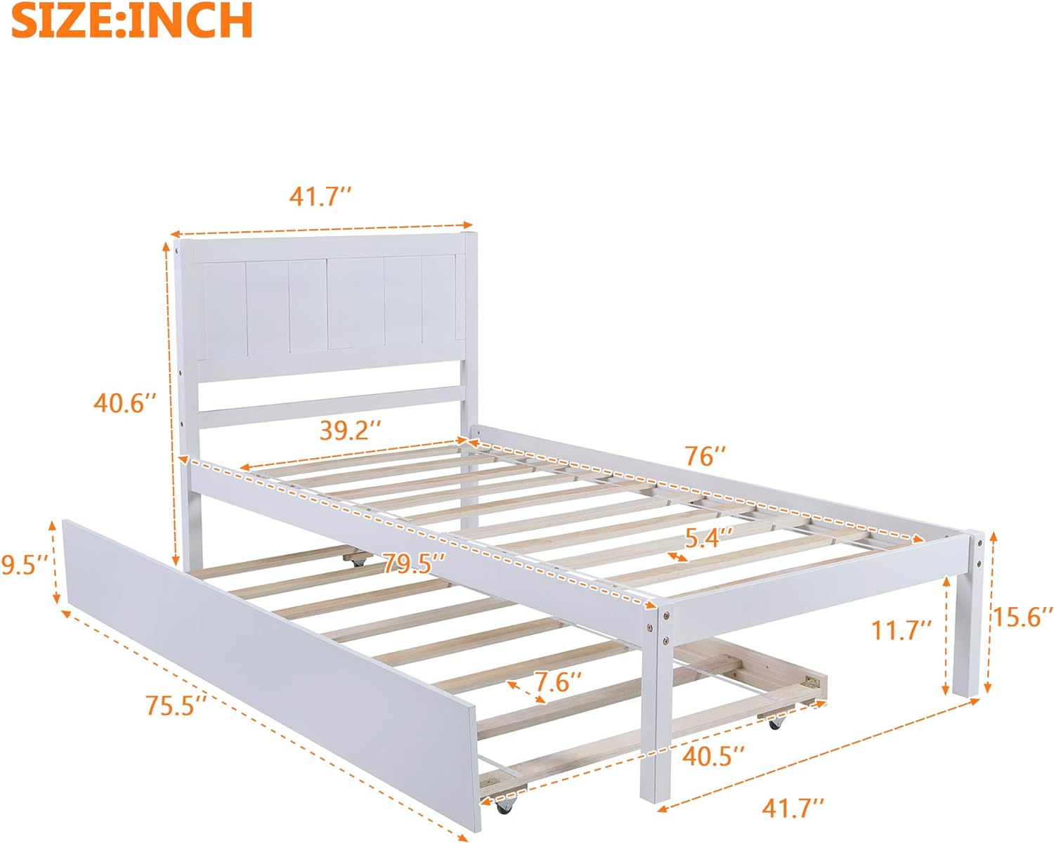 Wood Platform Bed With Trundle, Size Bed Frame With Headboard, Pull Out Trundle Bed For Kids Teens Guests Bedroom Living Room Furniture (White)