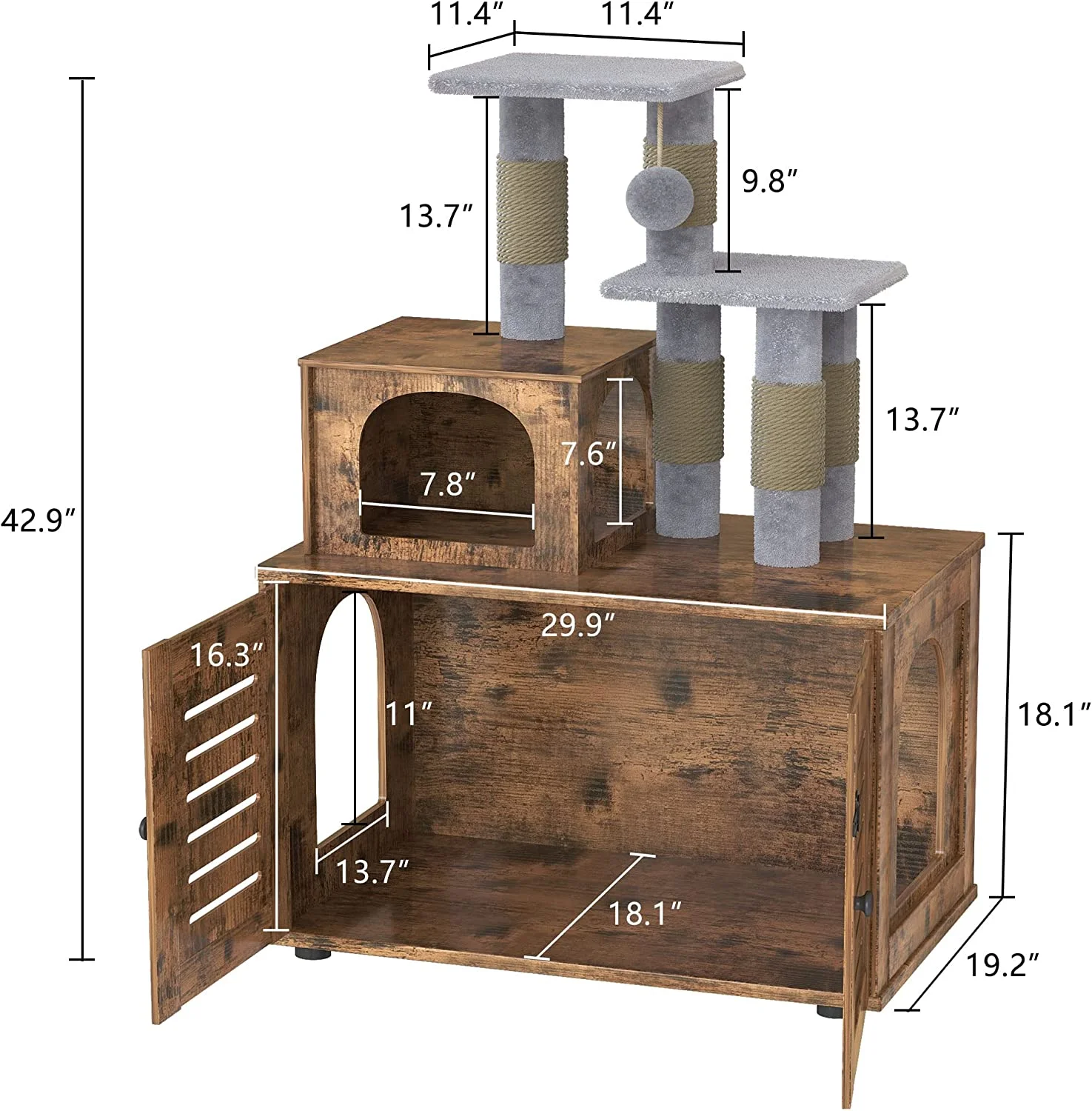 Recaceik Cat Litter Box Enclosure,Hidden Kitty Washroom,Multifuctional Enlarged Cat Litter Cabinet Cat House with Cat Tree Tower Scratching Post,Removable Divider,Rustic Brown