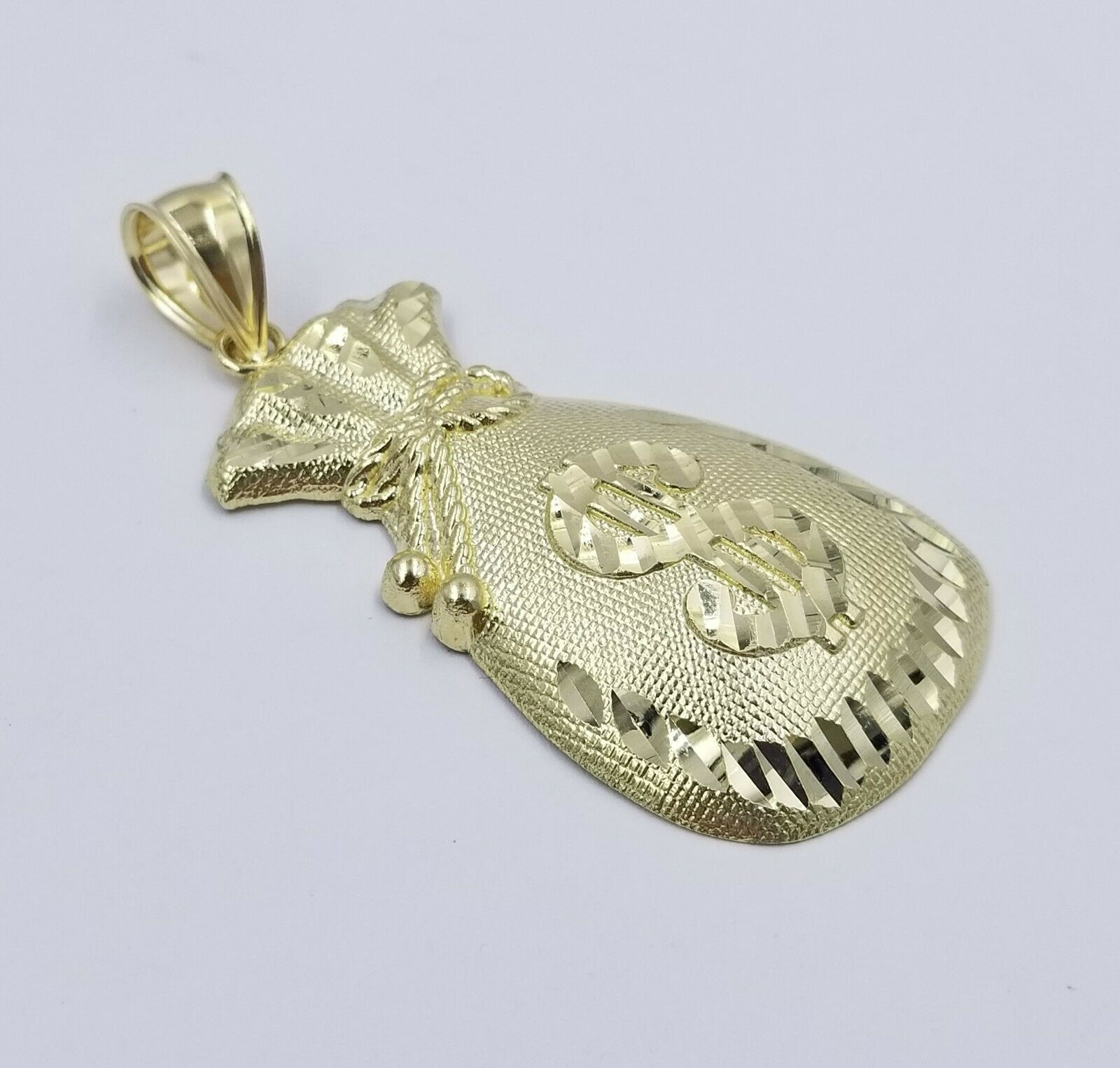 10K Yellow Gold Money Dollar Bag Charm Pendant Diamond Cut Men