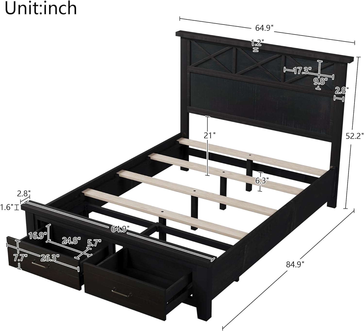 Quee Size Platform Bed, Wood Platform Beds With Two Storage Drawers & Headboard Rustic Farmhouse Wood Bed Frame Quee For Bed Room, o Box Sprig eeded (Black)