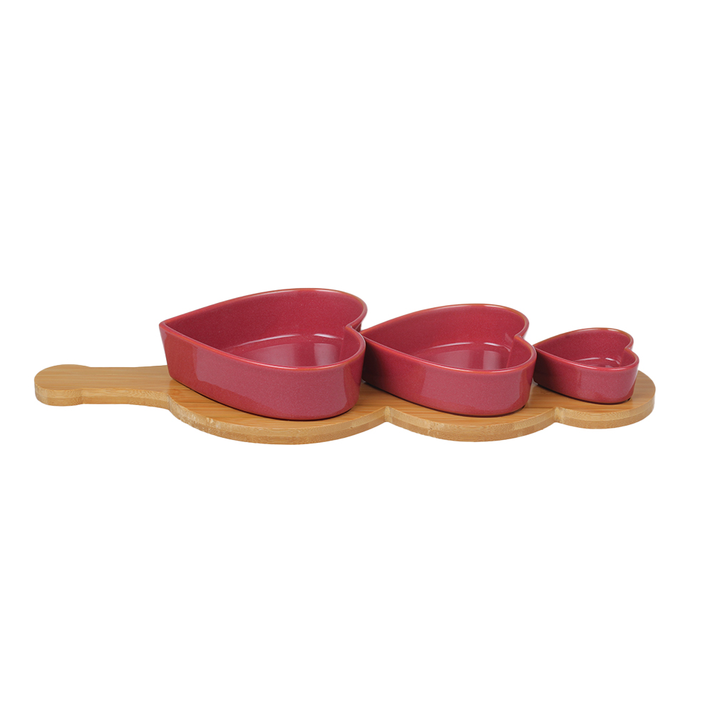 Snack Time Collection Set - 3piece Durable Porcelain varying size Bowls with Fitted Bamboo Tray - Modern Snacking Luxury - Perfect for Dips, Nuts, Candy - Red/Natural Wood