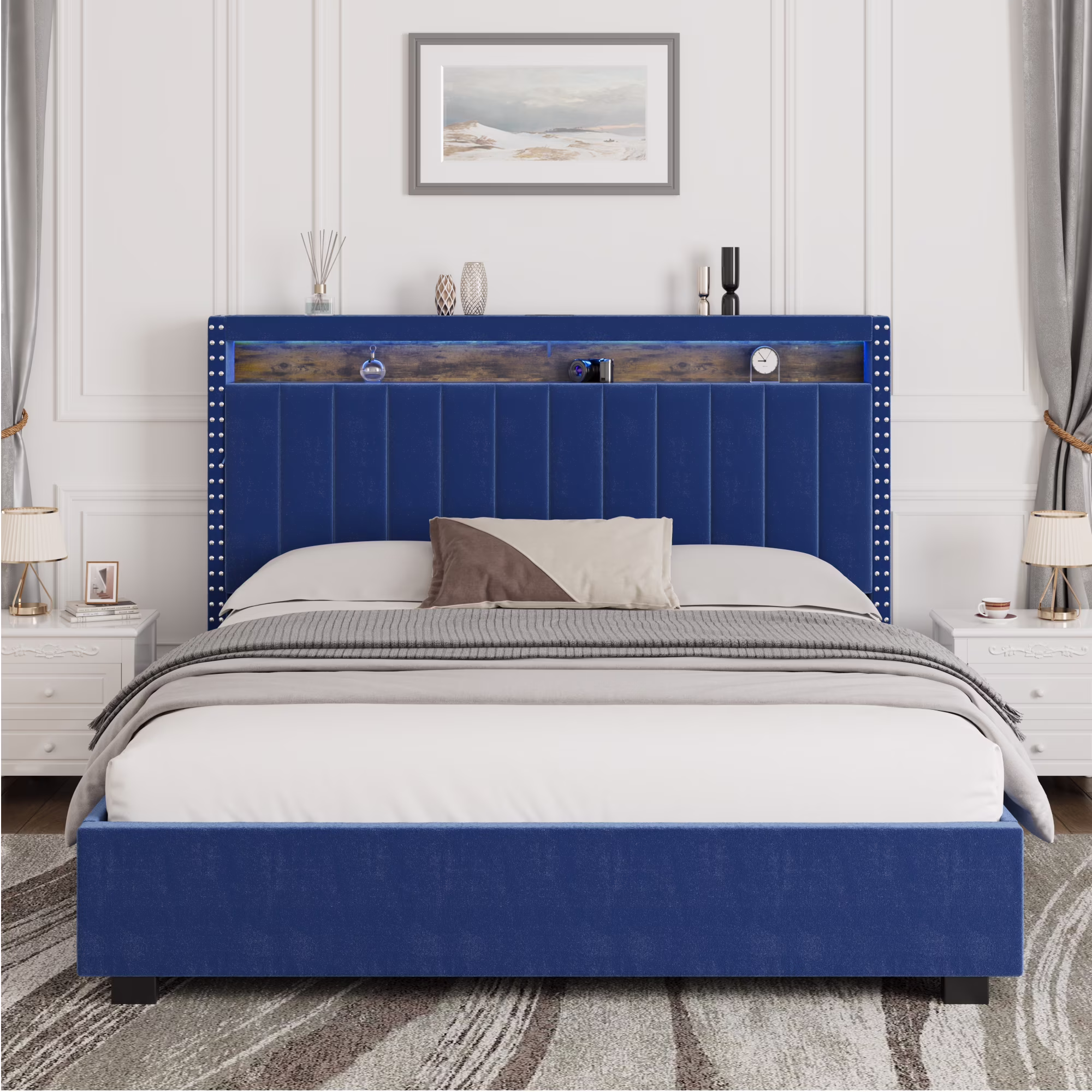 CoSoTower Luxury Gas Lift Storage Bed with Rf LED Lights, Storage Headboard ,King Size ,Velvet Blue