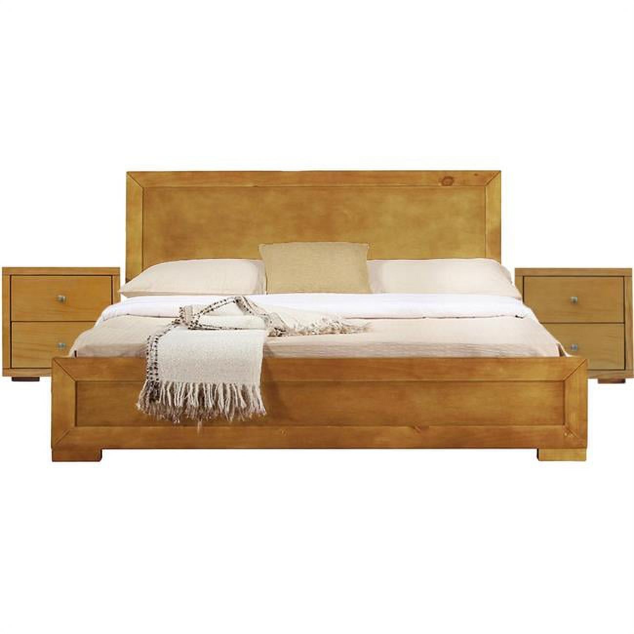 HomeRoots  Moma Wood Platform King Bed with Two Nightstands, Oak