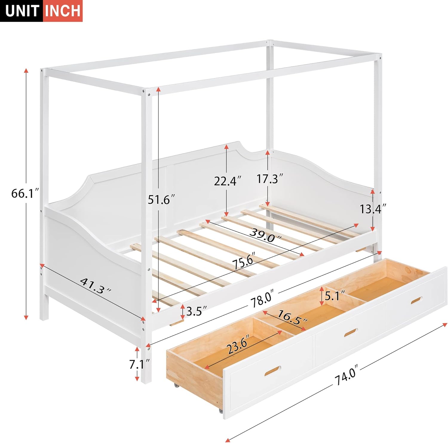 Caopy Bed Wih Sorage, Wood Daybed Frame Wih 3 Drawers, Sofa Bed, Plaform Bed Frame For Kids, ees, Aduls, o Box Sprig Required, Whie
