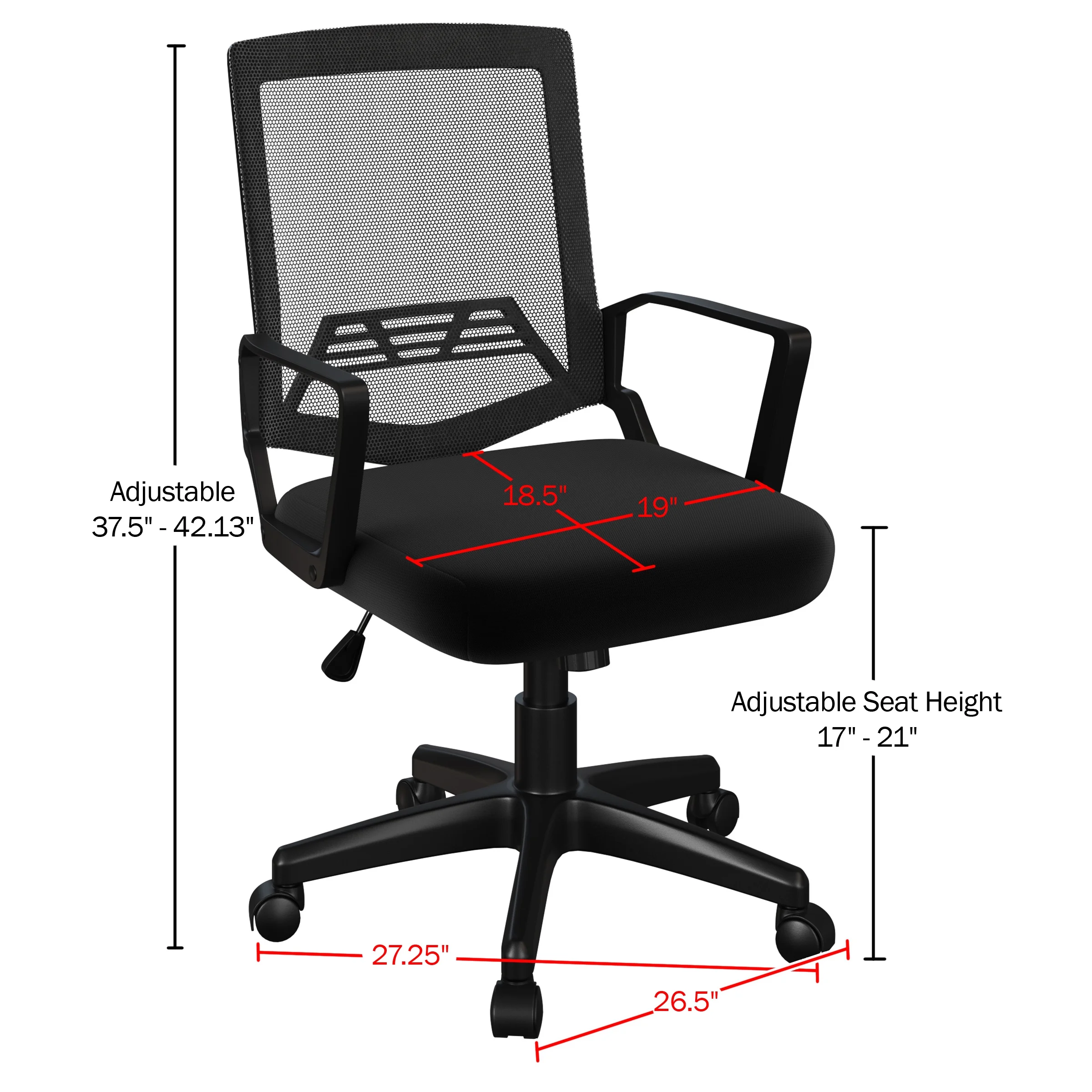 Lavish Home Office Chair Adjustable Height with Wheels, Tilting Mesh Back, Swivels in 360 Degrees, Black
