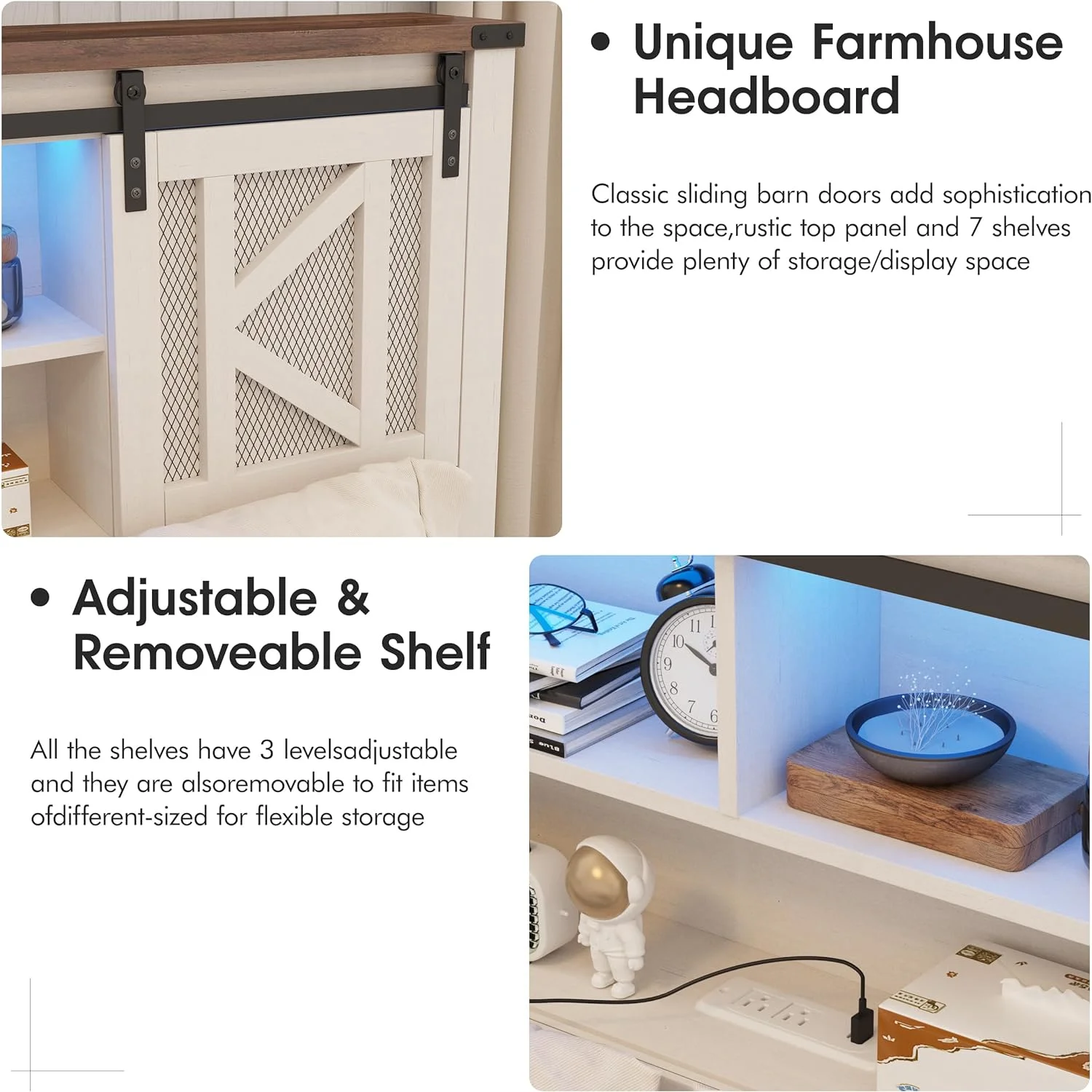 Vabches LED Queen Metal Bed Frame,Headboard with Charging Stand, Sliding Barn Door, No Springs Needed, Farmhouse , White